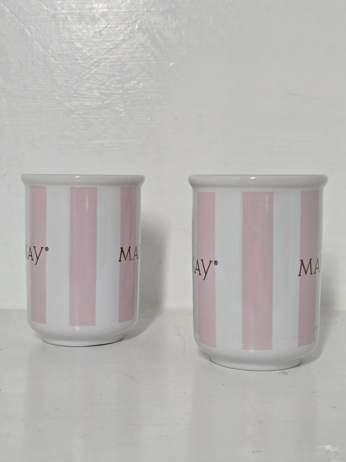Mary Kay Pink Stripe Coffee Mug Set of 2 Made in Thailand Mint Condition