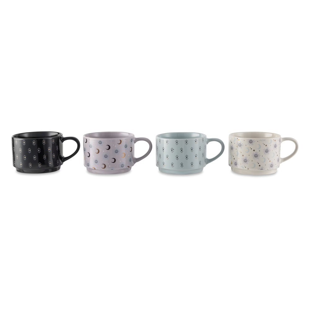 Set of 4 Stacking Stoneware Mugs Celestial Design 11.1 fl oz Assorted Colors