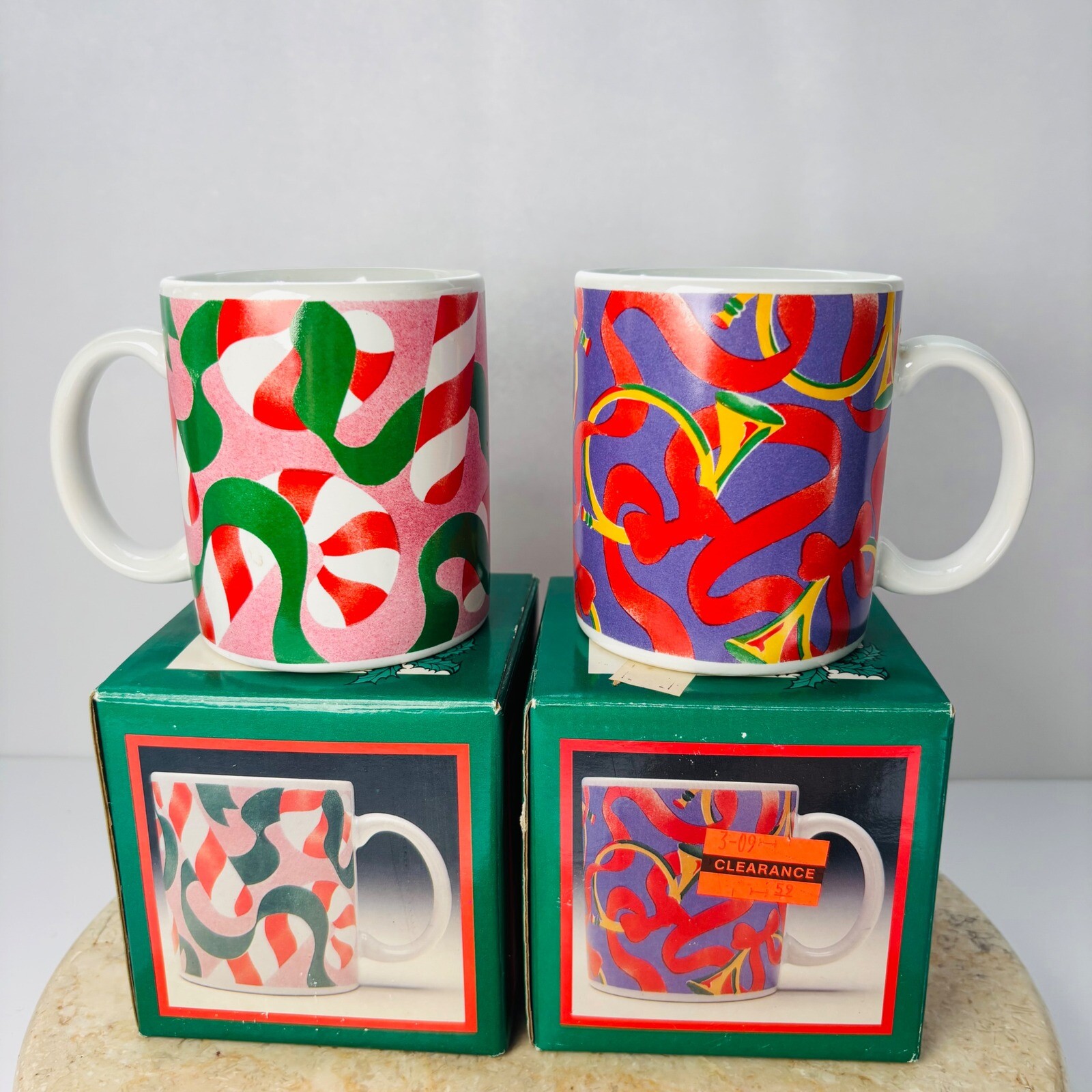 Vintage Retro Century Stoneware Thailand Mug Set Candy Cane French Horns Cup