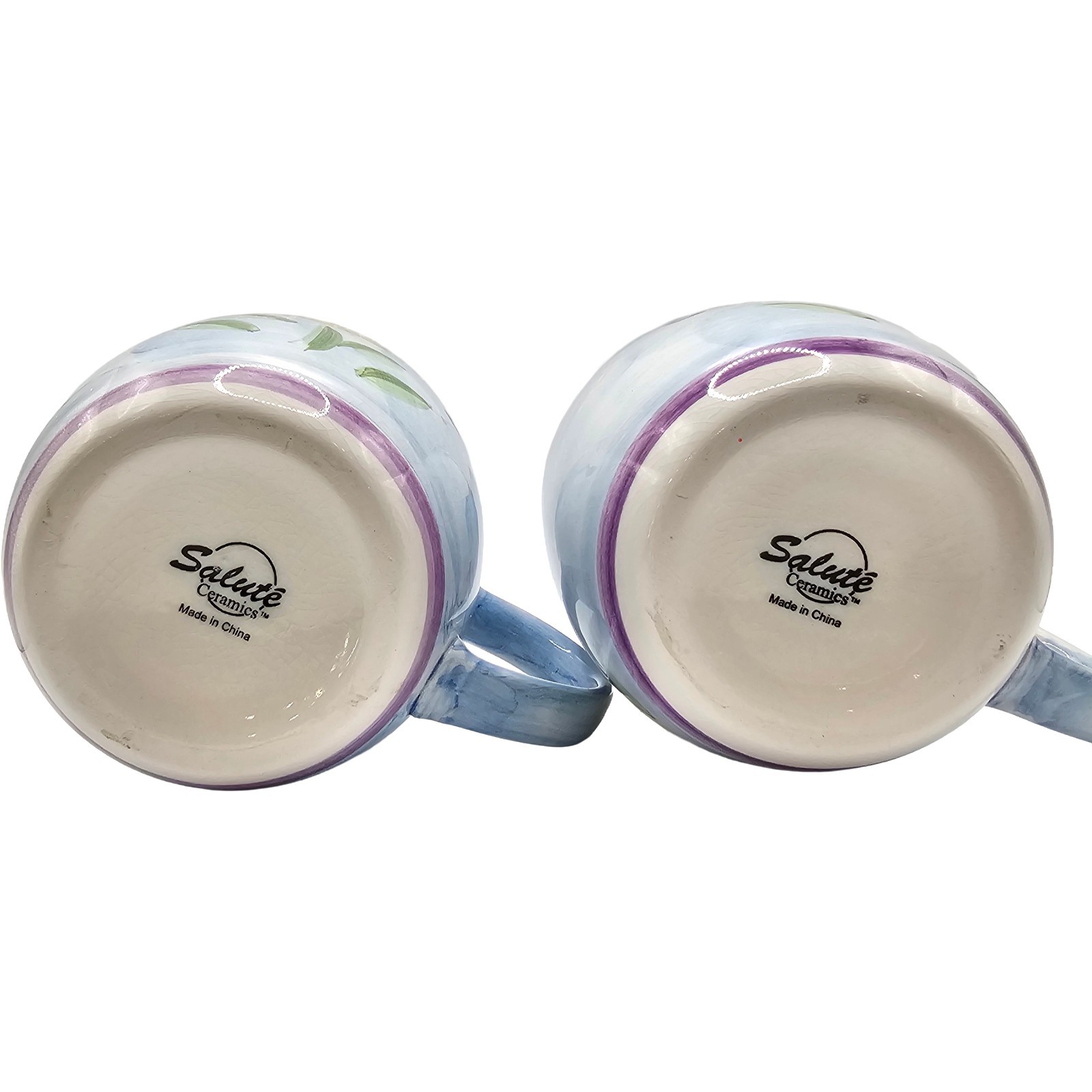 Salute Ceramics Coffee Mugs Set of 2 Hand Painted Blue Yellow Flower Tea Cups