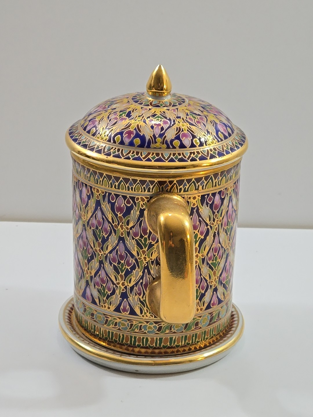 Thai Benjarong Gilded Hand Painted Porcelain Mug with Lid & Saucer Floral Design