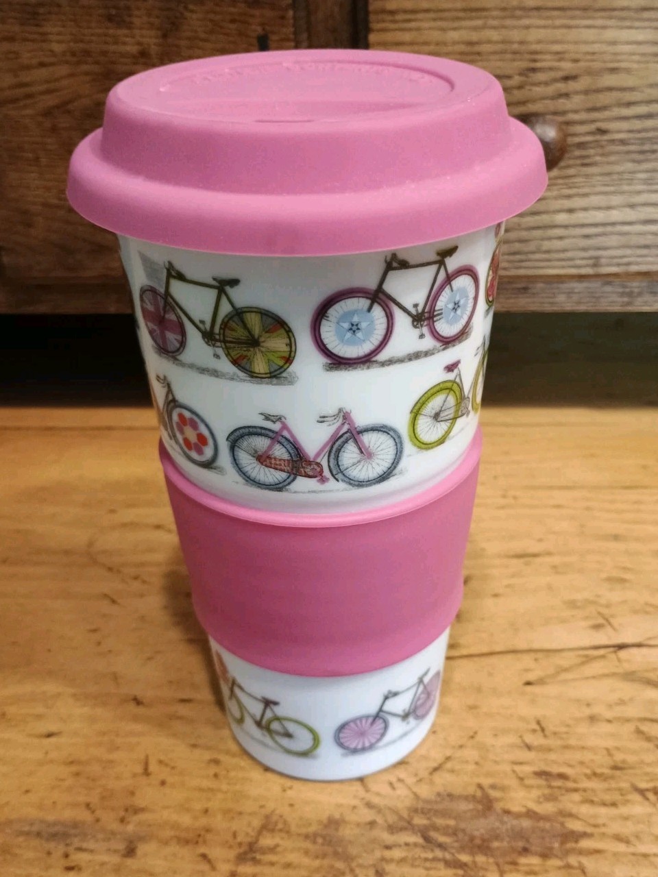 World Market Bicycle Ceramic Travel Mug with Grip and Lid – White / Pink