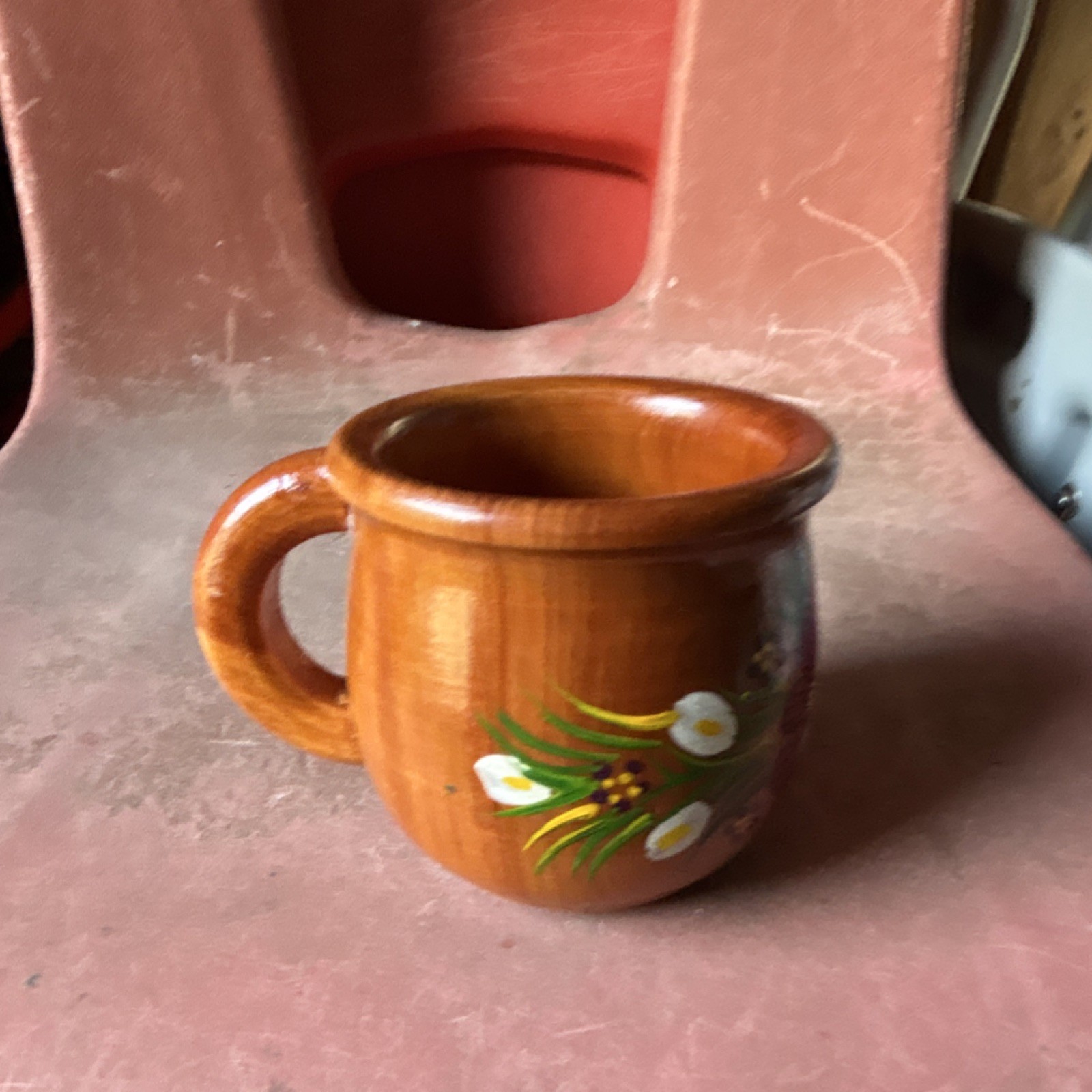 Hand-Painted Wooden Floral Coffee Mug, Brown Rustic Decorated 8 fl oz