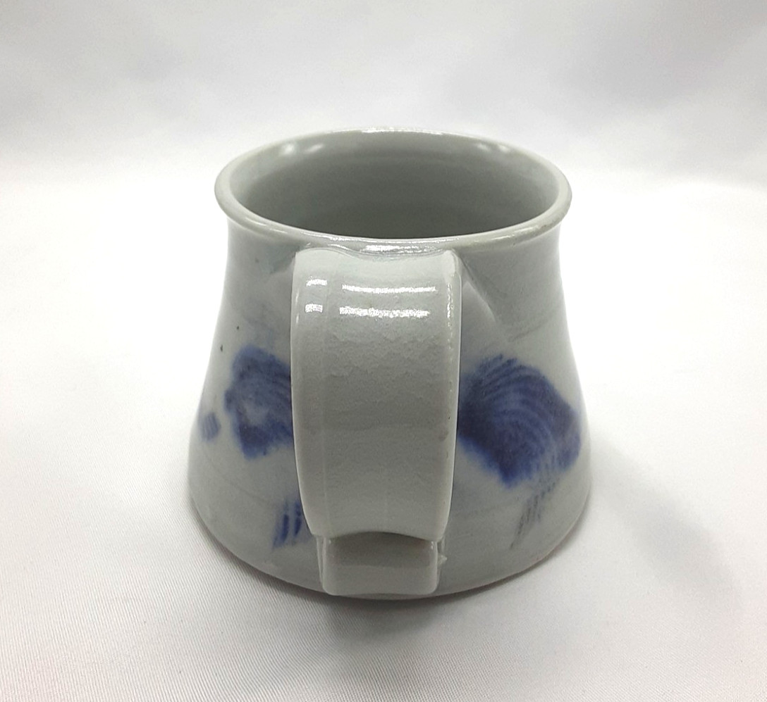Small Blue & Light Gray Abstract Koi Fish Art Pottery Tea Cup Coffee Mug Signed