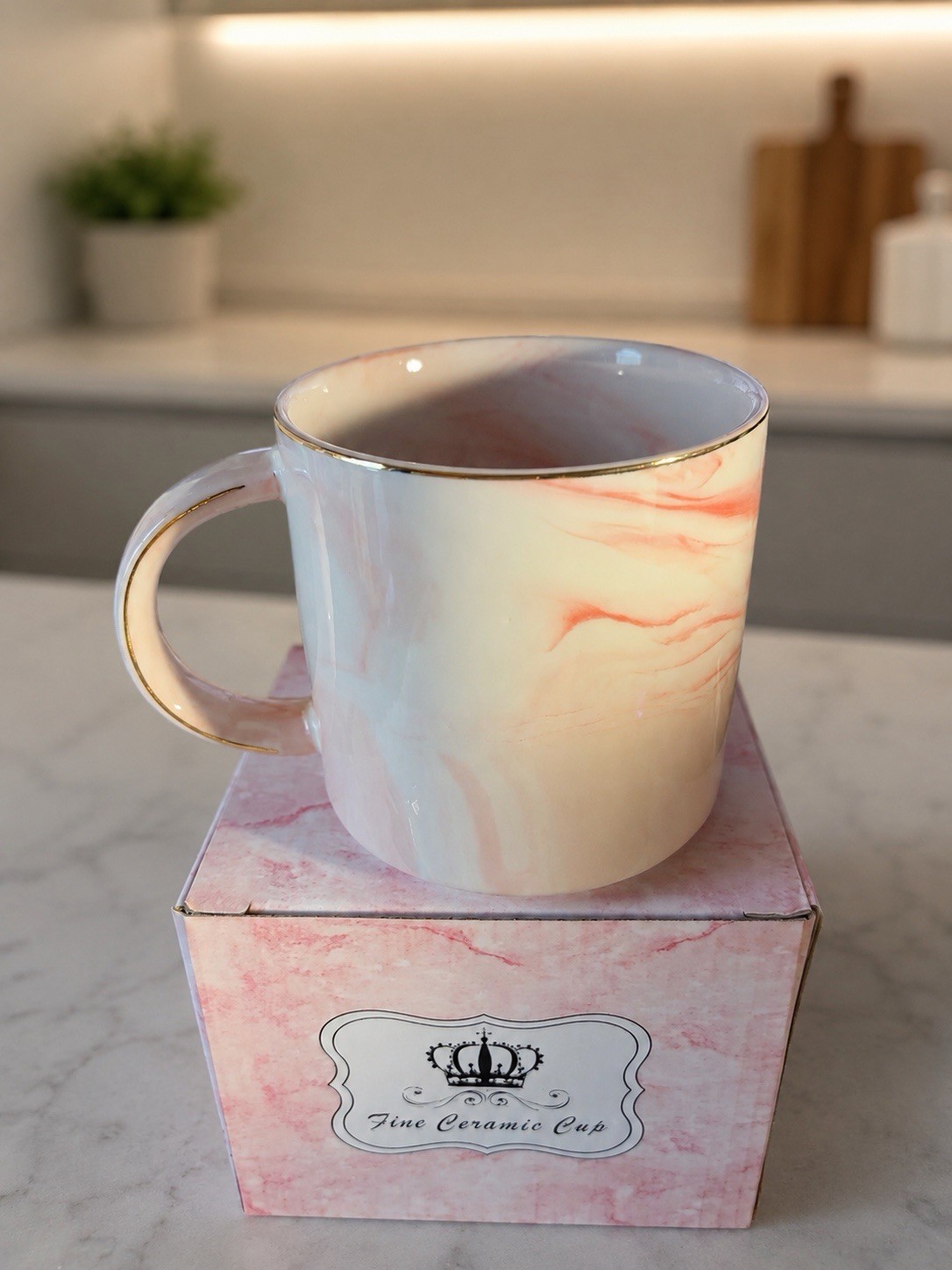 Fine Ceramic Cup Inspirational Quote Mug 11 fl oz Pink/White/Gold Marbled