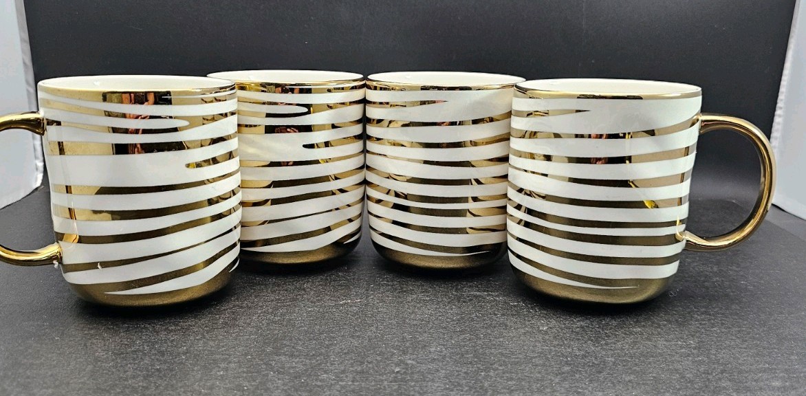 Porcelain with Gold Detail Striped Mugs, Set of 4, Great Gift