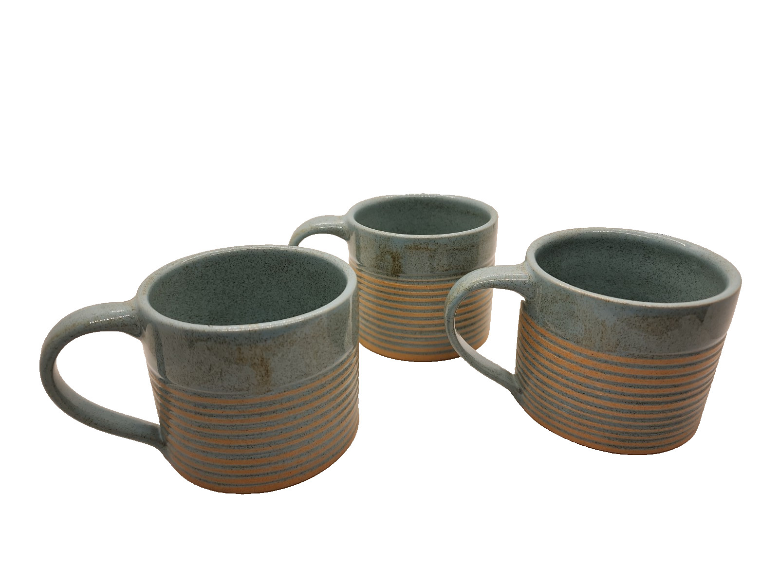 Set of 3 Handmade Coffee Cups 8oz Aqua w/ Tan Etched Stripes from ACP in Nepal