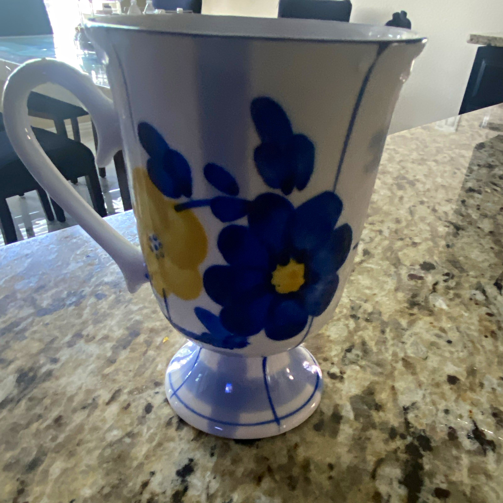 White Ceramic 16 fl oz Pedestal Mug, Blue & Yellow Floral Decorated