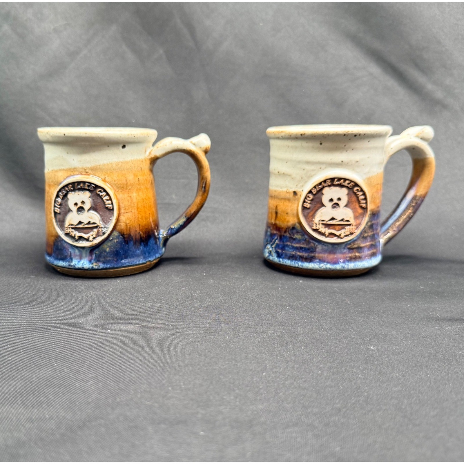 Big Bear Lake California Studio Pottery Mugs Blue Amber Glazed Set of 2 Souvenir