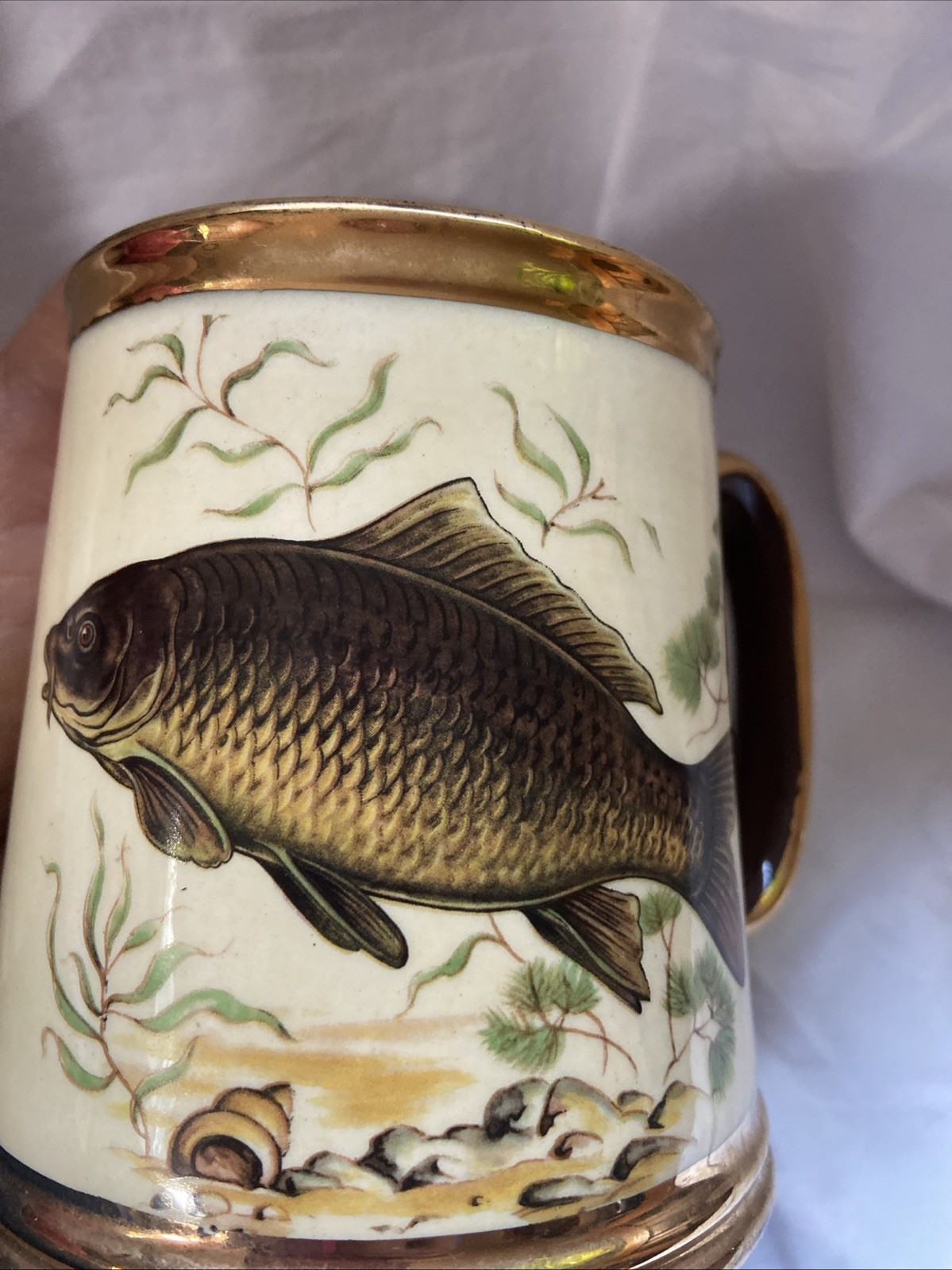 Antique Gibson’s Staffordshire England Fish Fisherman Tankard Gold Trim SEE