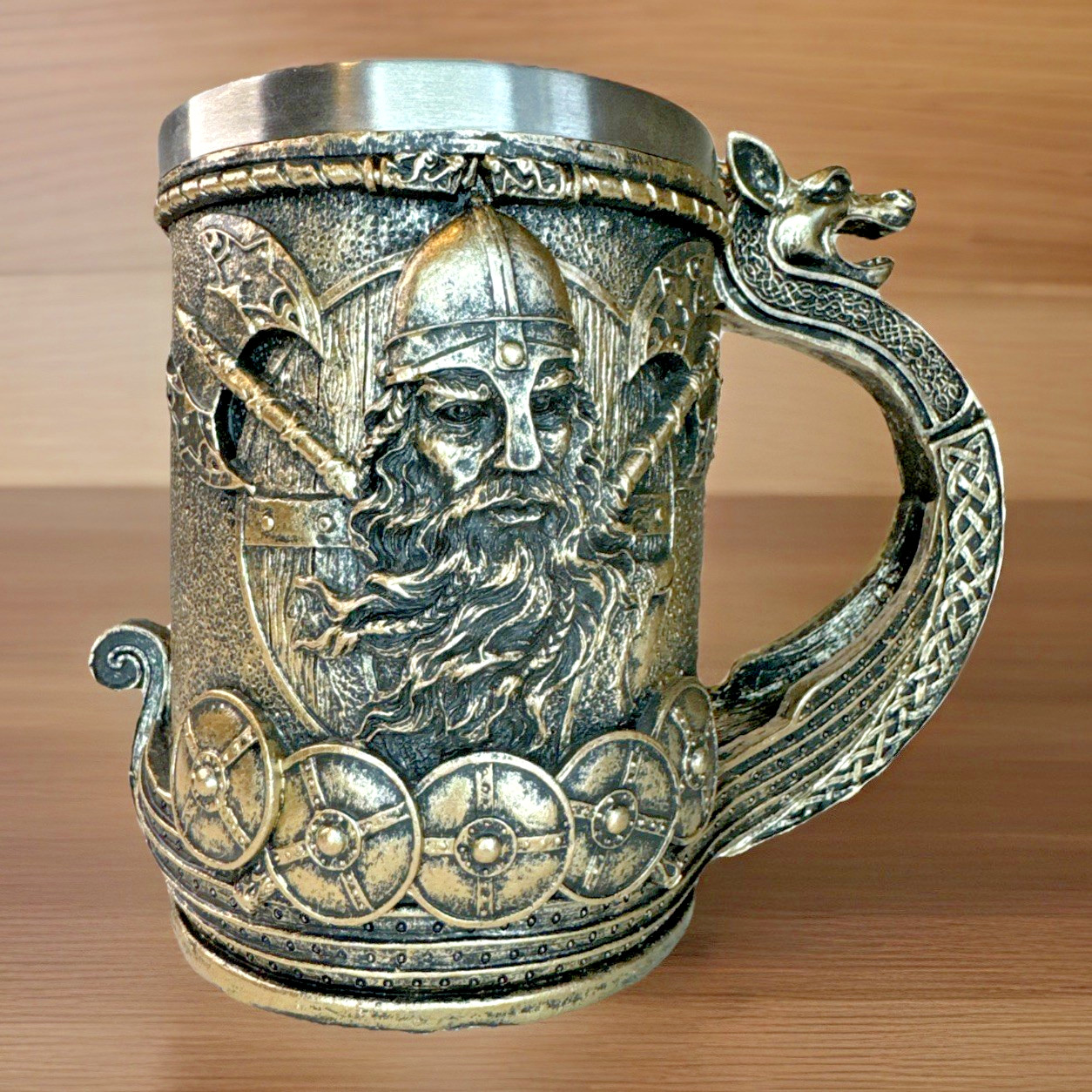 Viking Man Ship Dragon Tankard Mug Nordic Beer Mug Cup Resin Stainless interior