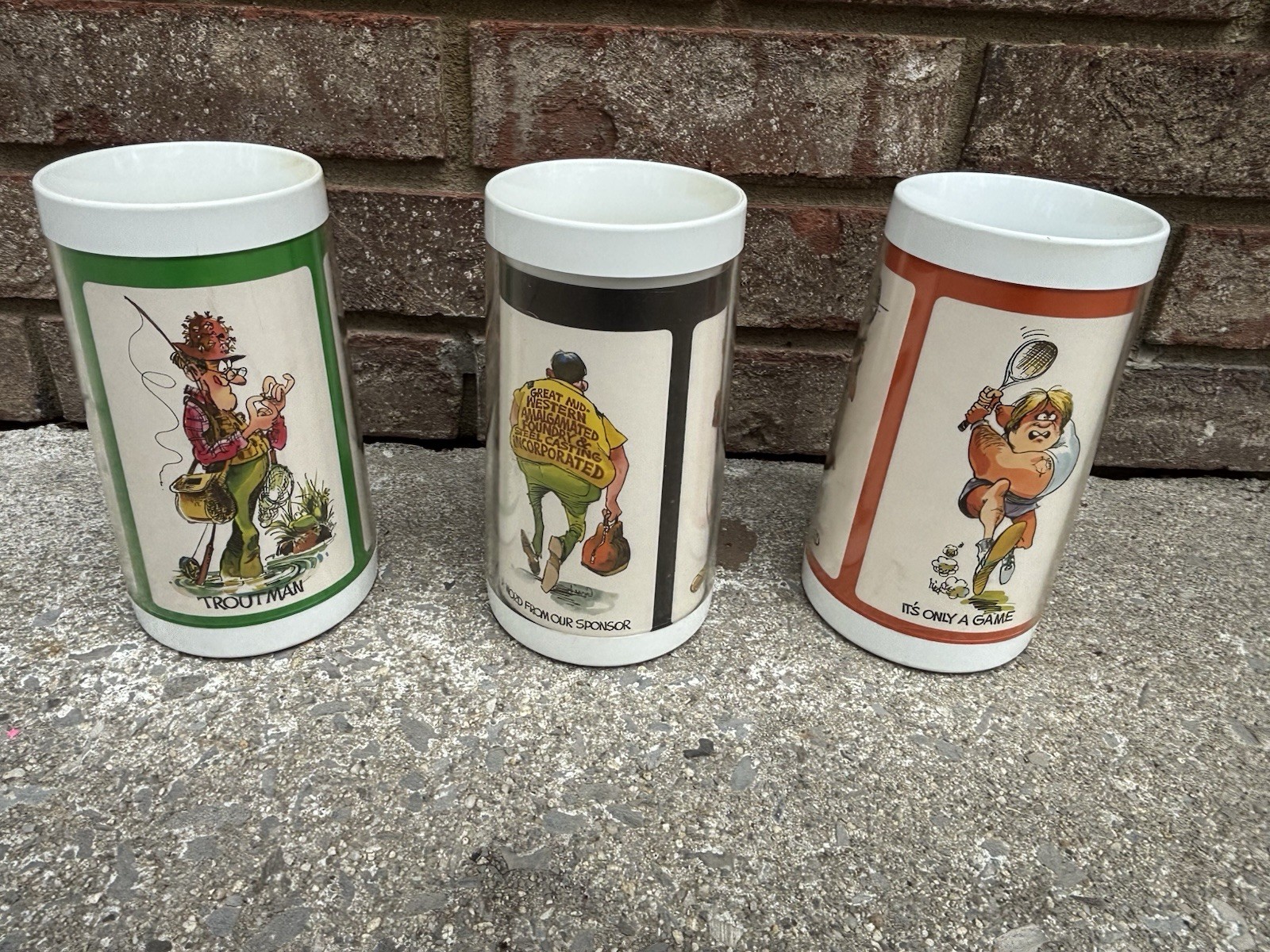 Vintage 60s 70s – 3 Funny Sports Insulated Thermo-Serv Plastic Tall Mugs USA
