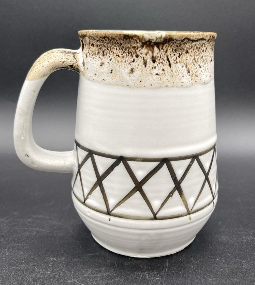 Large Stoneware Mug Lava Glaze White Brown Neutral MCM Earthy Retro Japan EUC