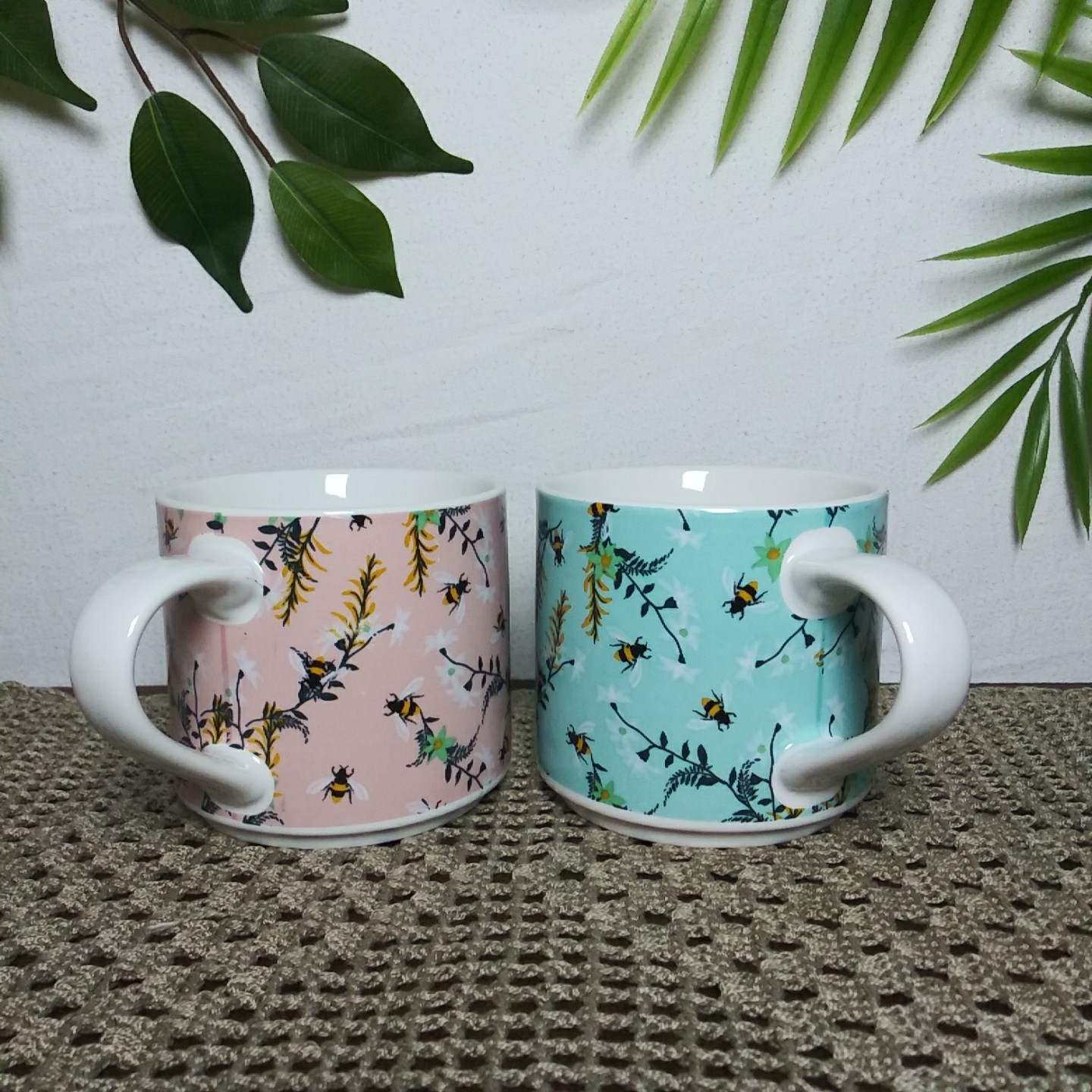 Coco + Lola Mug Set Of 2 Coffee Cups Honey Bees Spring Flowers Pink Turquoise