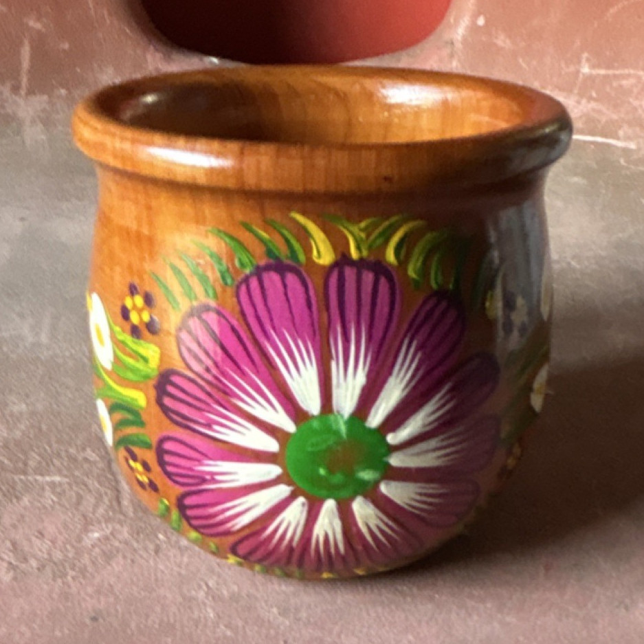 Hand-Painted Wooden Floral Coffee Mug, Brown Rustic Decorated 8 fl oz