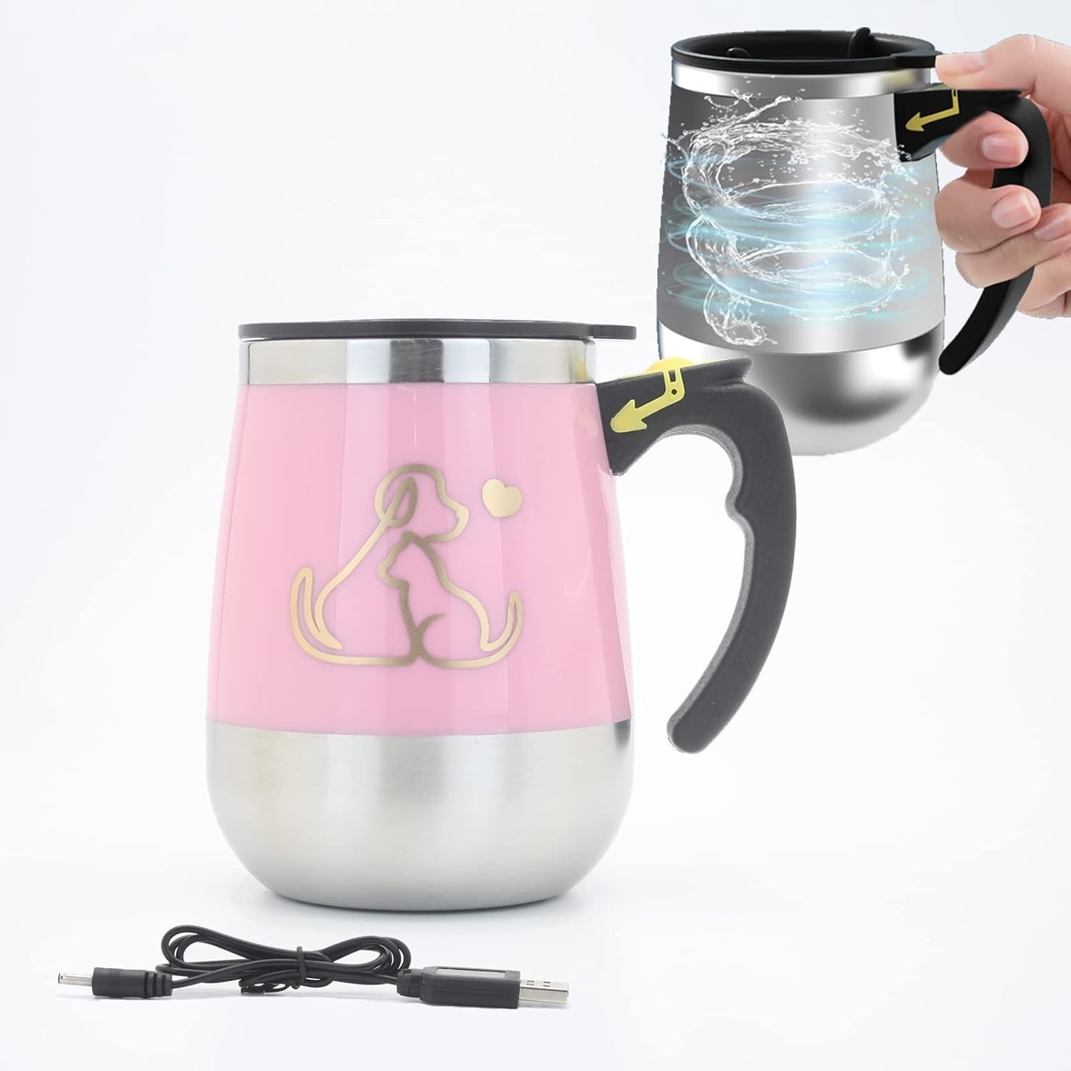 Rechargeable Self Stirring Mug – Magnetic Stainless Steel Cup in Elegant Pink