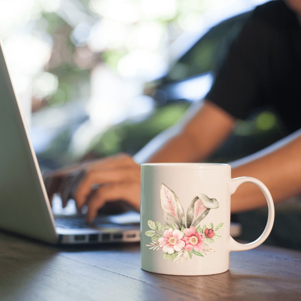 11 oz, 2 Sides Rabbit Ears and Flowers Pink Handle Mug – Happy Easter Mug