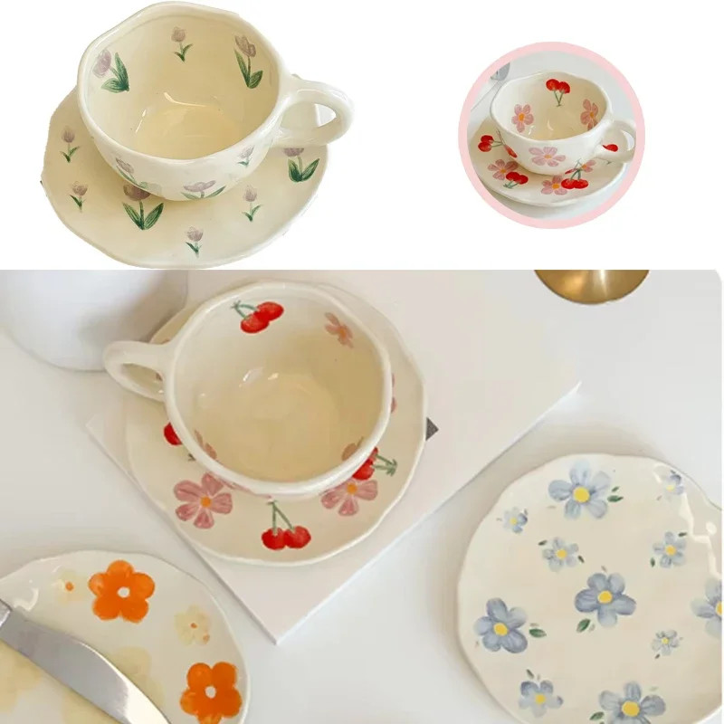 Flower Pattern Ceramic Cup Korean Style Saucer Set Hand Pinched Irregular Coffee