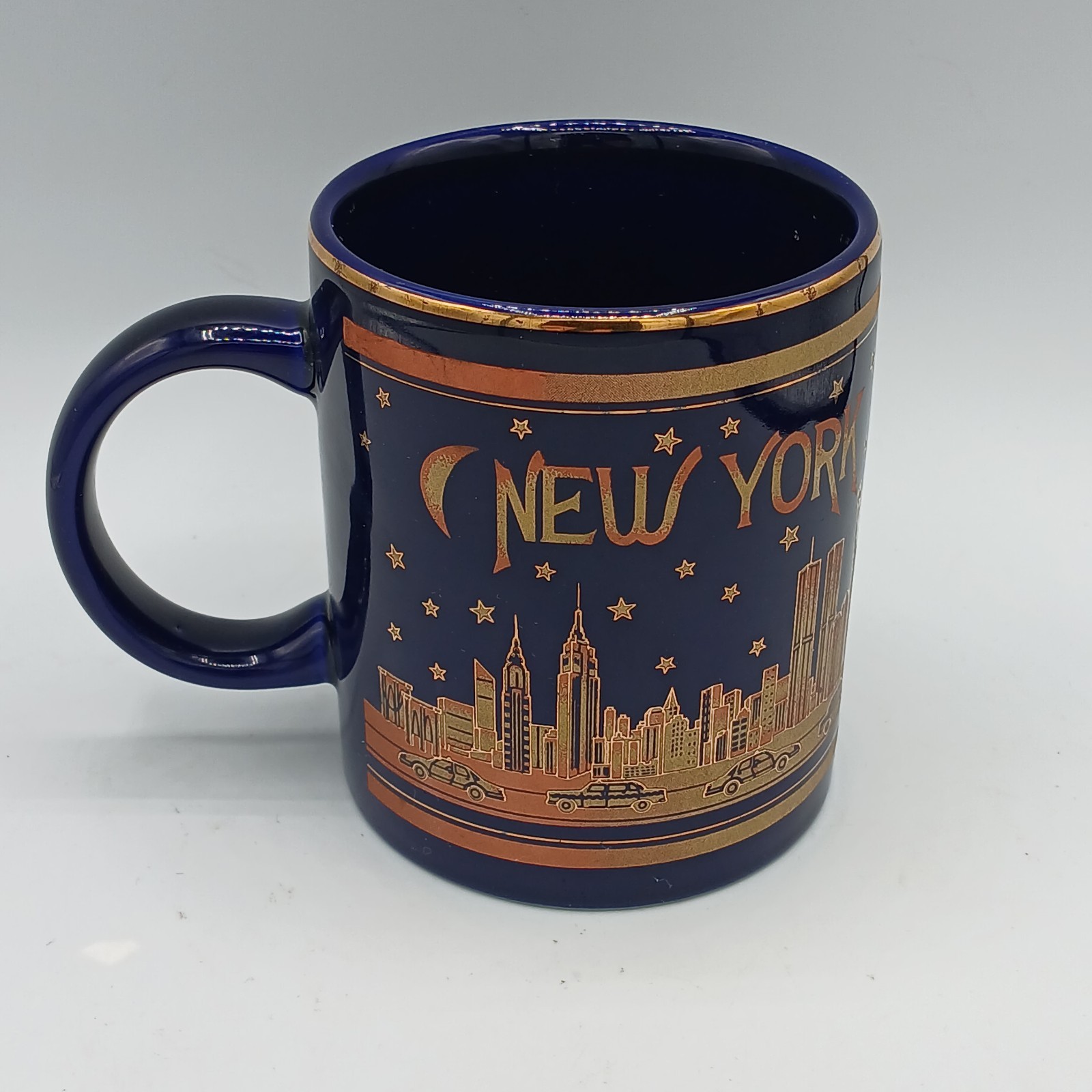 Vintage New York City Skyline Mug 12 Oz. Twin Towers Merchandise Blue Art Deco
