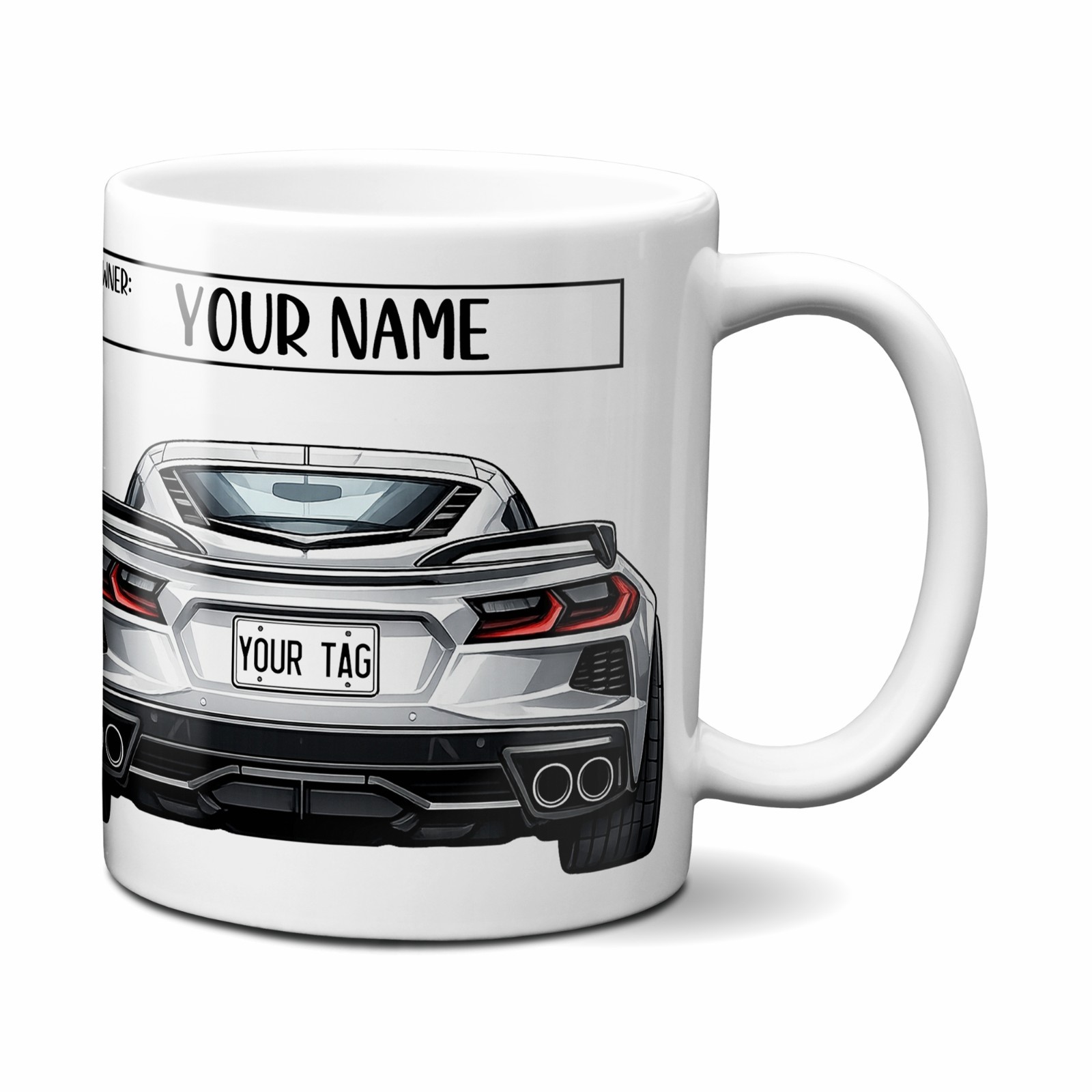 Personalized C8 Corvette inspired Sports Car Coffee Mug, 11oz, Name and Tag