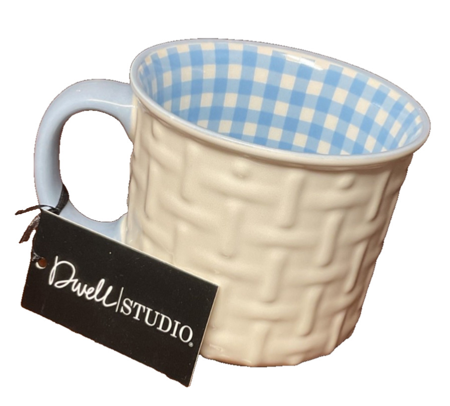 DWELL STUDIO CERMIC MUG 14oz BLUE WHITE PLAID INTERIOR NWT