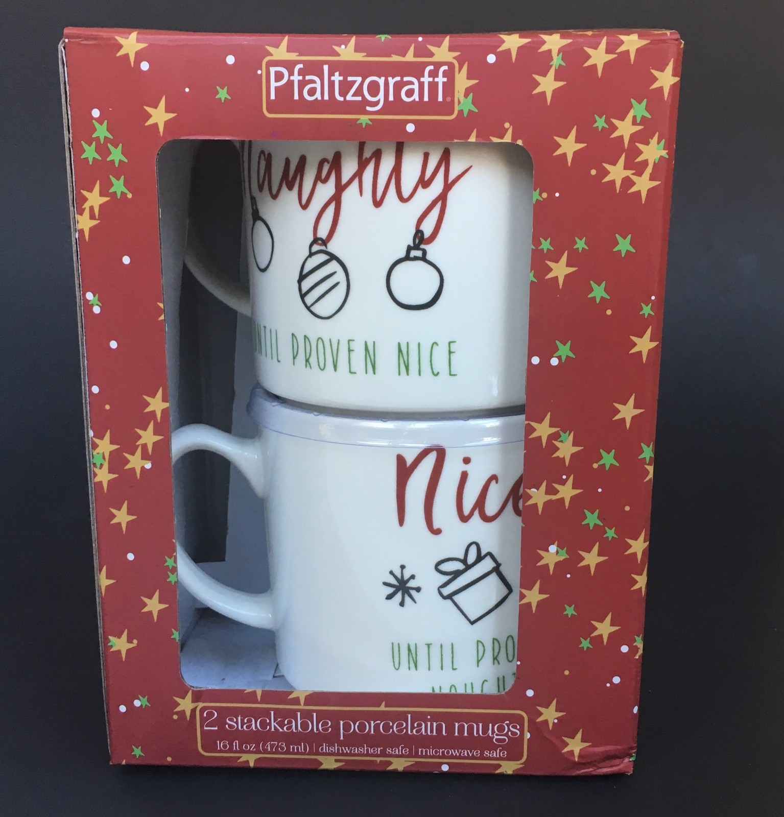 Christmas Mug SET of 2 Naughty Nice Pfaltzgraff Holiday 16oz Coffee Cup NIB New