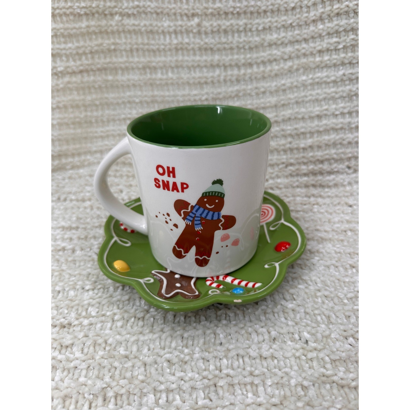 Wondershop Gingerbread Mug Hallmark Plate Set Christmas Oh Snap Green White 2pc