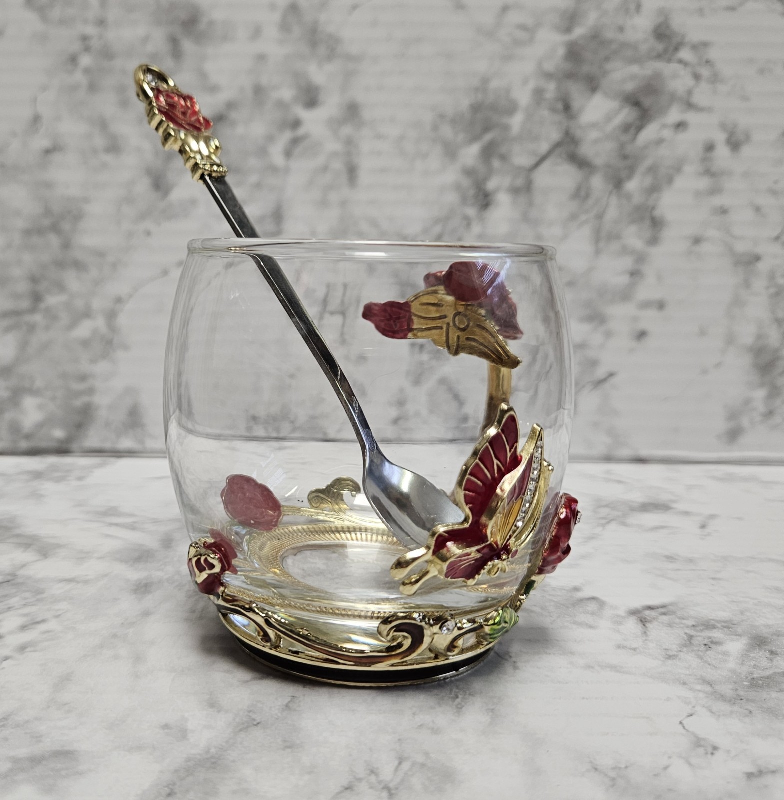 Coffee Tea Cup With Embellished Butterfly And Flowers