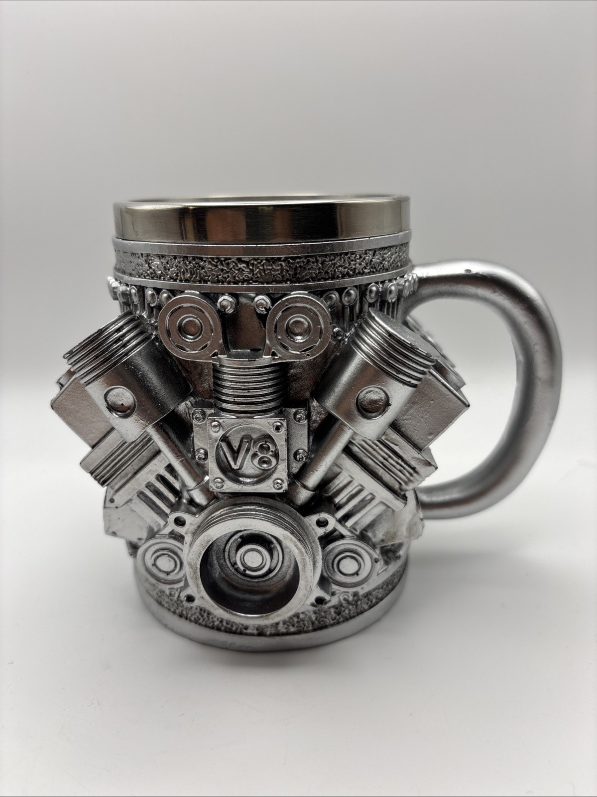 V8 Engine Coffee Mug Cup Silver Metal Stainless Steel Figural Novelty Car