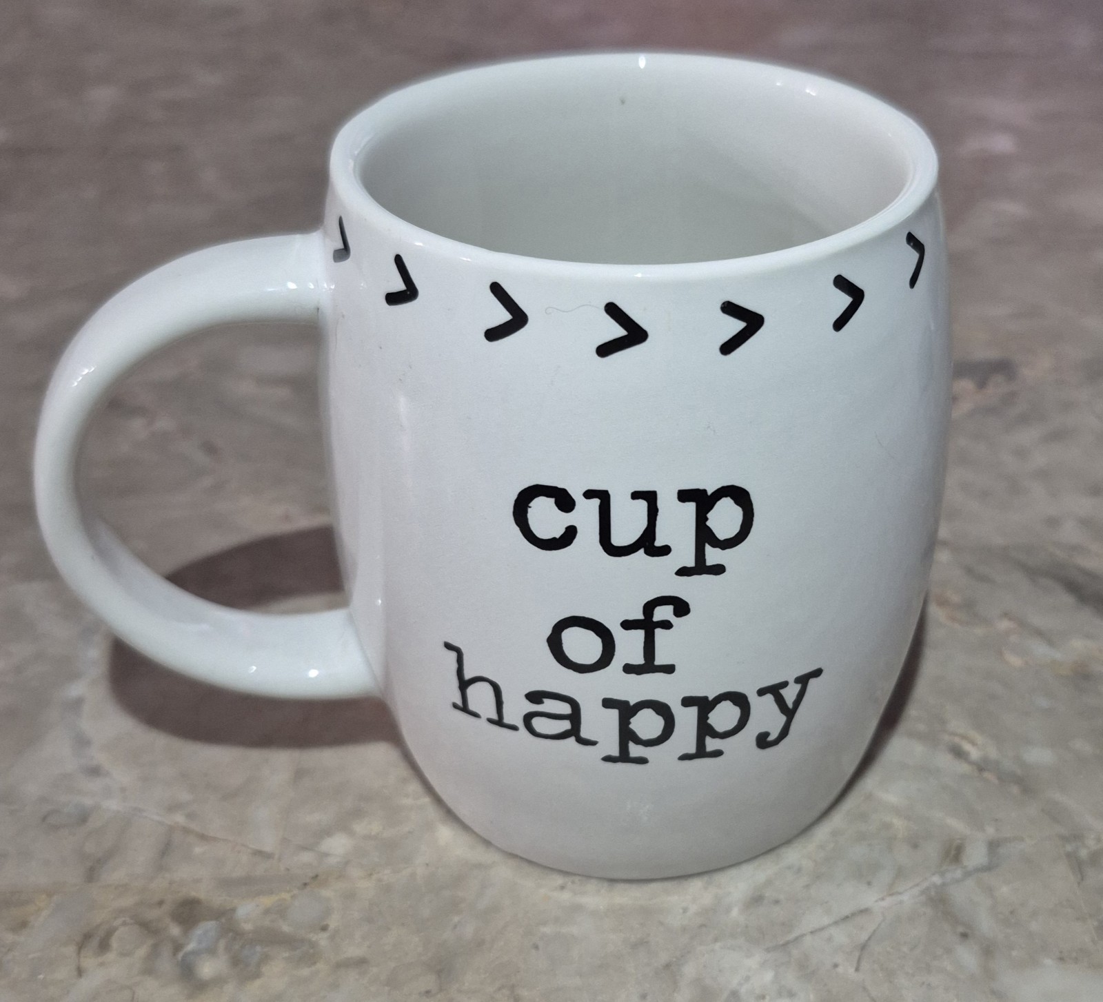 White Ceramic 14 oz Coffee Mug “Cup of Happy” Black Text Novelty Design