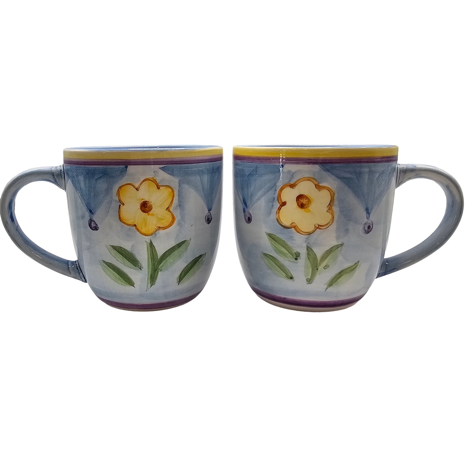Salute Ceramics Coffee Mugs Set of 2 Hand Painted Blue Yellow Flower Tea Cups