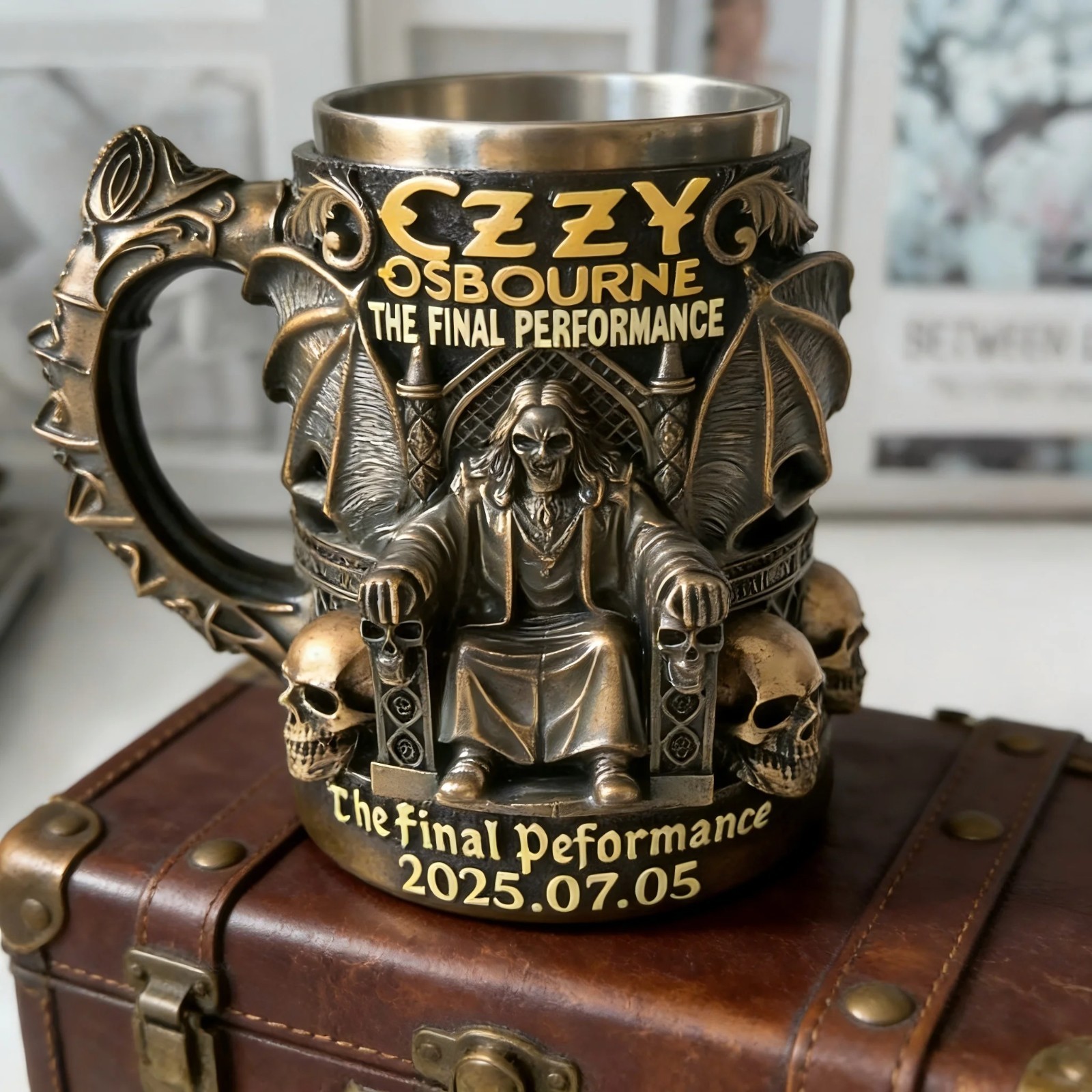Halloween 3D Skull Mug Ozzy Osbourne Style Resin Beer Coffee Cup Stainless Steel
