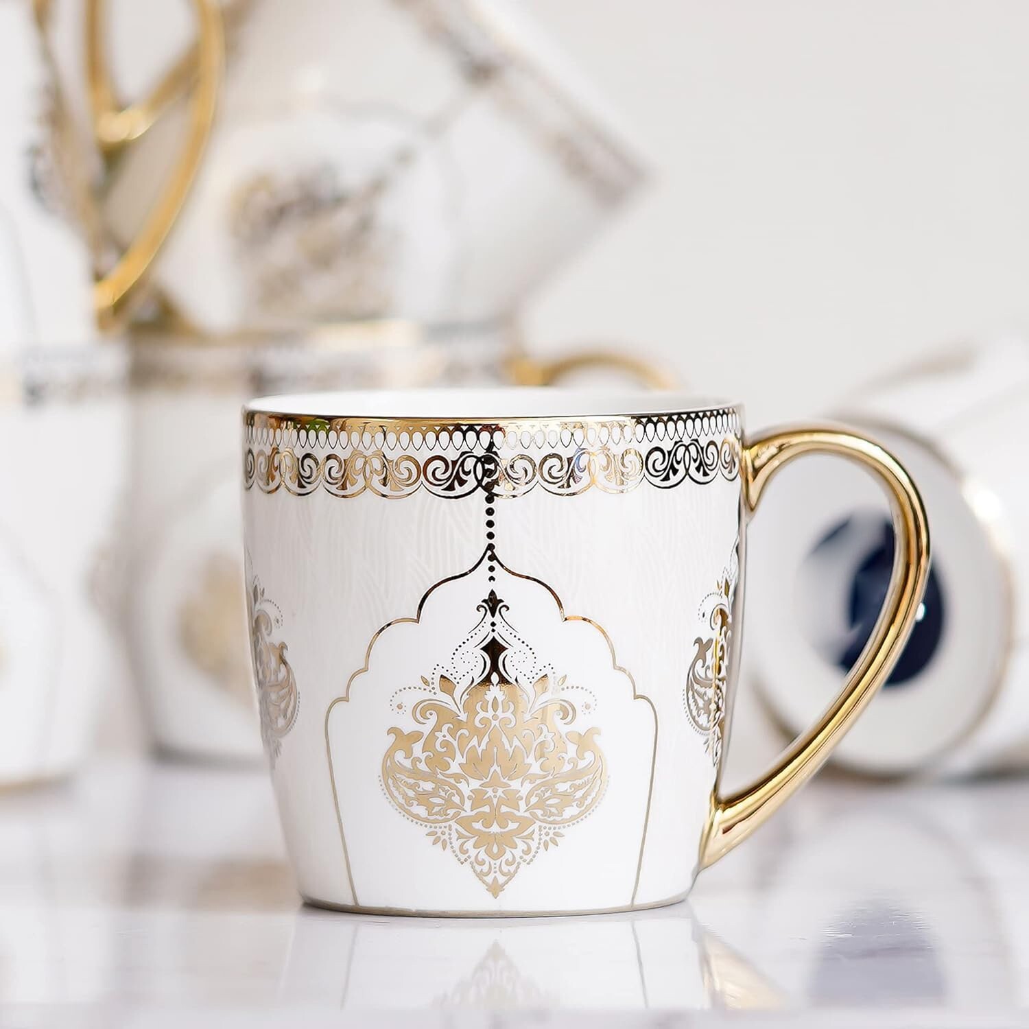 White Gold Line Ceramic Coffee & Tea Cup Set of 6, 160 ML, White