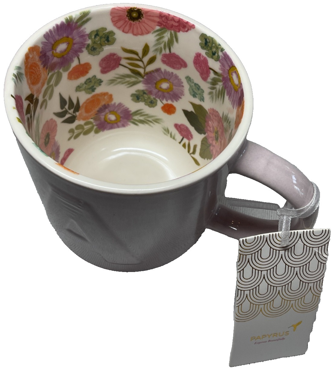 PAPYRUS MUG (1) INITIAL A LAVENDER FLORAL INTERIOR 3.75 ROUND x 4 INCHES NWT