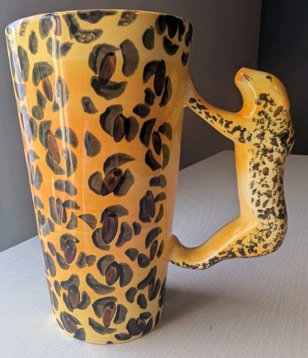 Hand Painted Thailand Leopard Print 16oz Ceramic Tall Mug Animal Handle