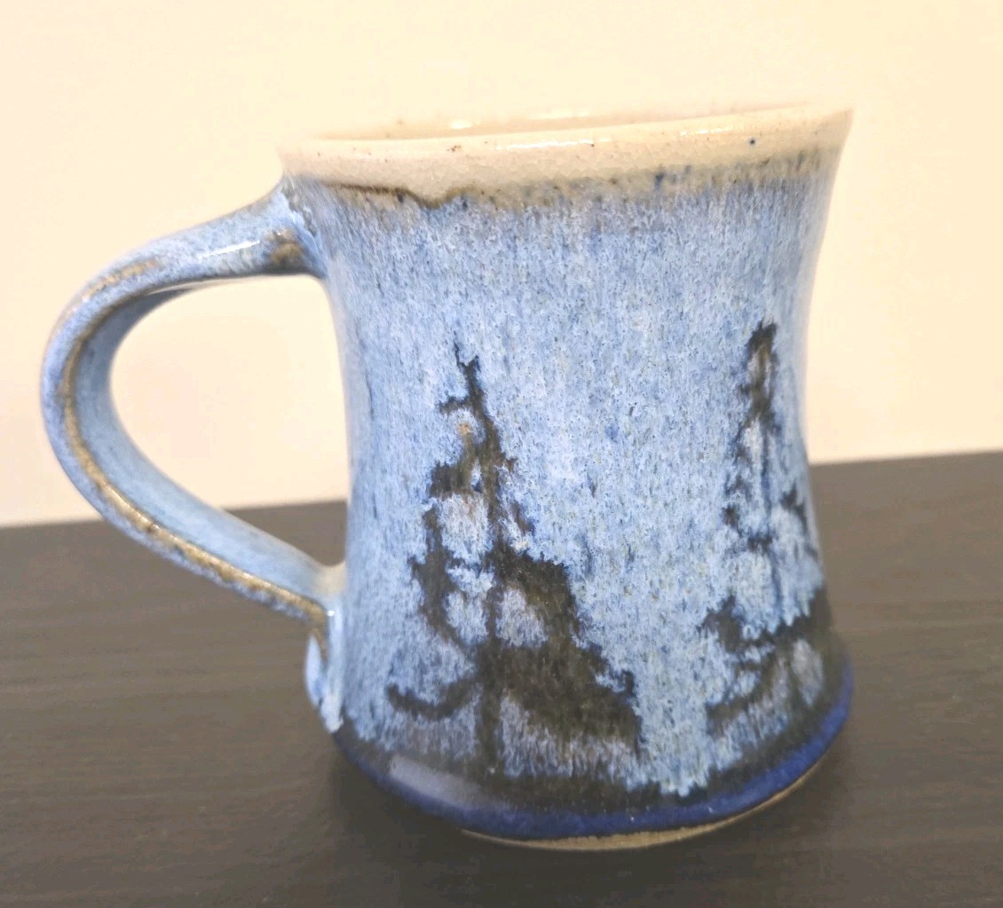 Minnesota Minocqua Studio Art Pottery Mug Cabin Pine Forest Blue Glaze Signed