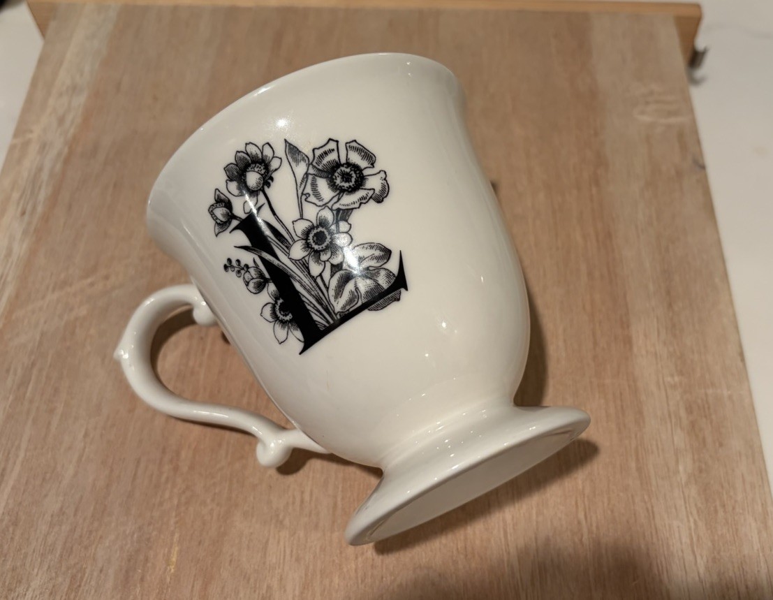 White Ceramic Pedestal Mug Black Floral Letter Decor Dishwasher Microwave Safe