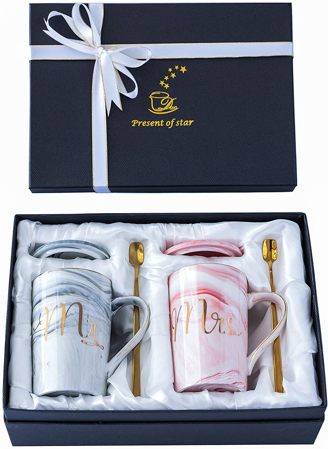 Mr and Mrs Coffee Mugs Wedding Gifts for Bride Groom Ceramic Marble 14 Oz