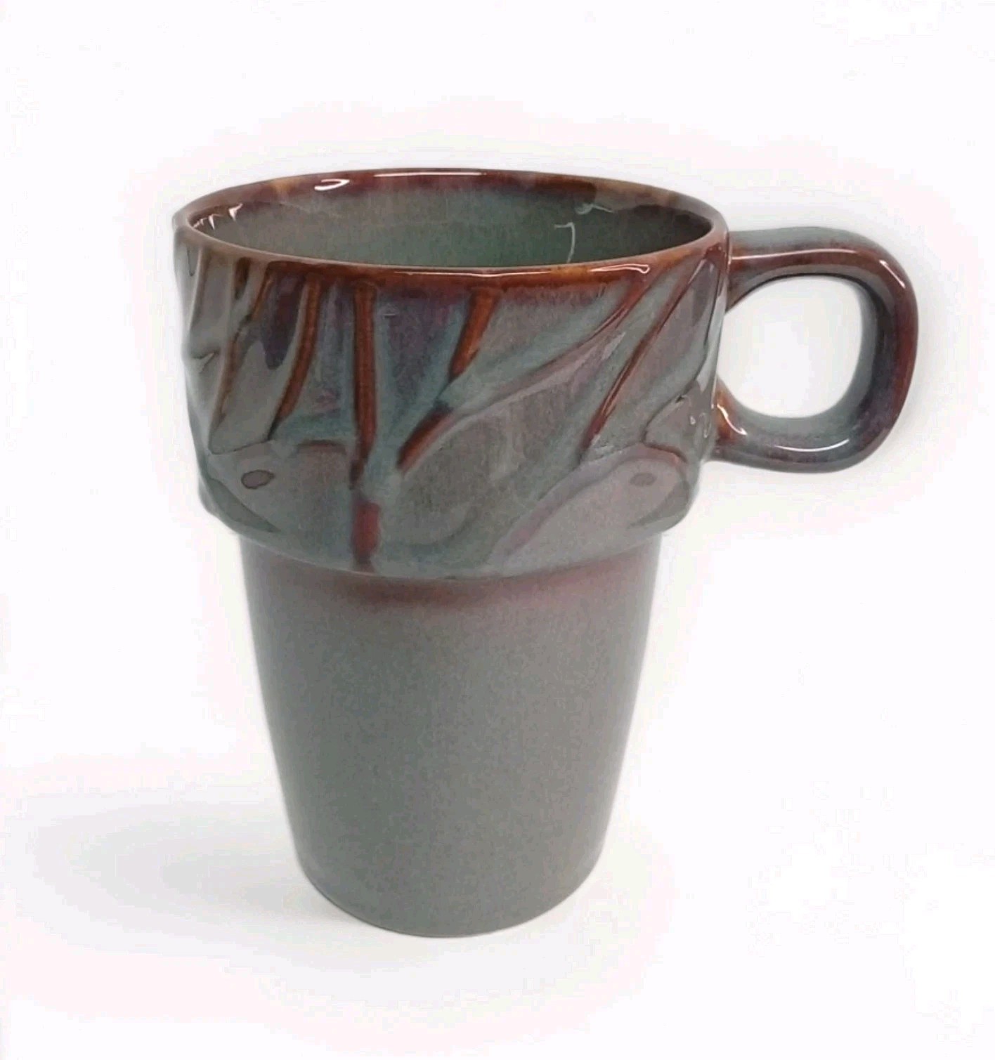 RARE MercAsia 6 Stacking Stoneware Coffee Mugs in Iron Stand Artisanal Colors