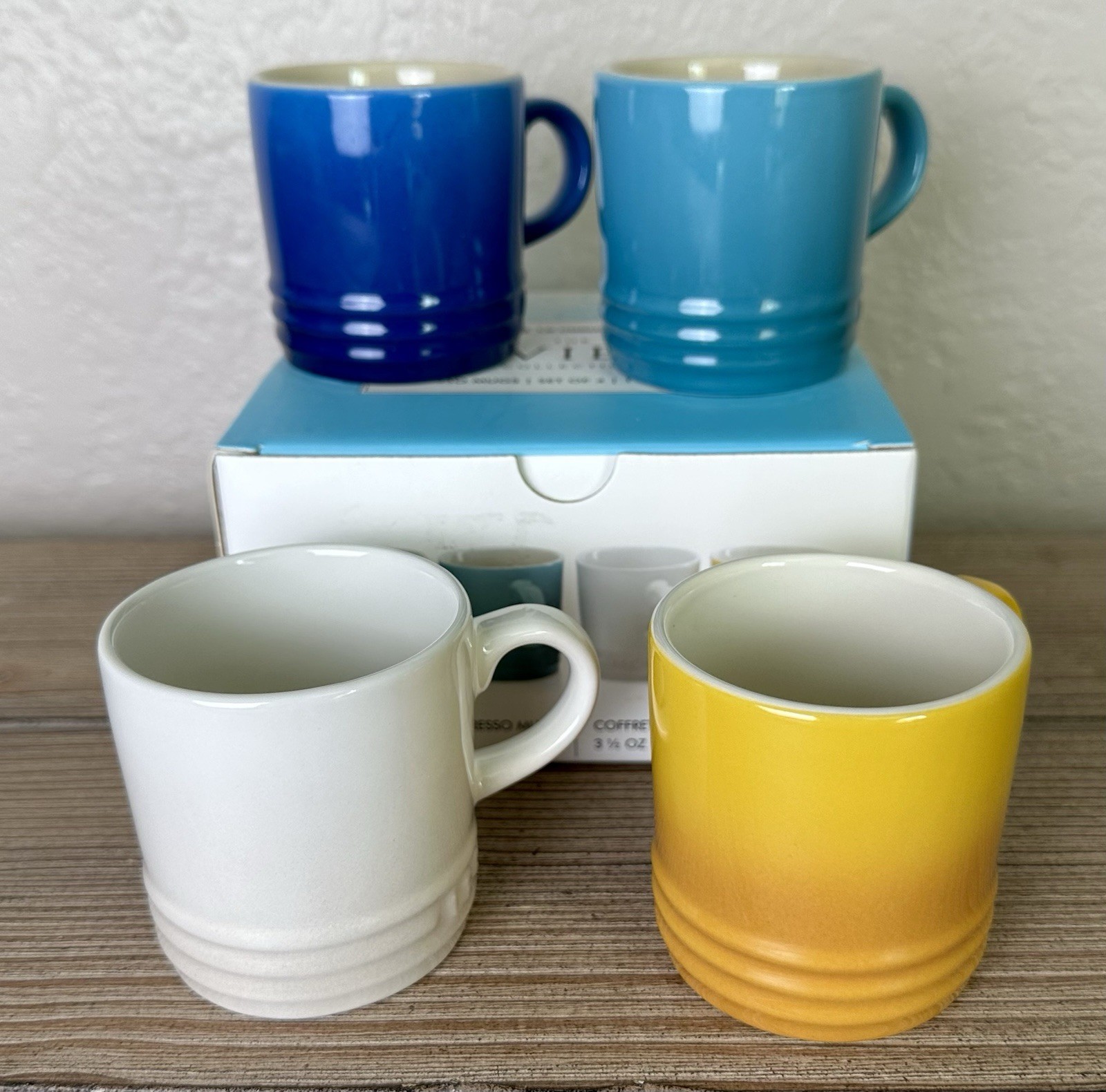 NEW Le Creuset 4 PC SET The Riviera Collection ESPRESSO MUGS Cups Gradient Blue