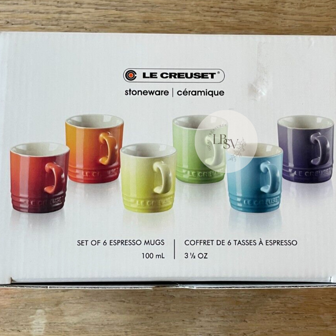 Le Creuset Stoneware Rainbow Multicolor Set of 6 3.5oz London Espresso Mugs NEW