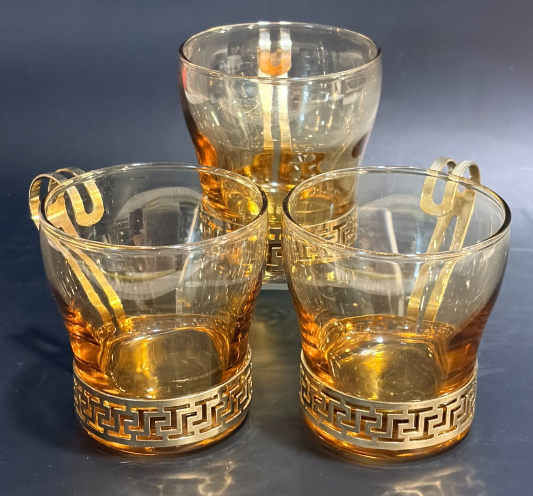Vintage Libbey Amber Glass Coffee Mugs Greek Key Brass Metal Holders Set of 3