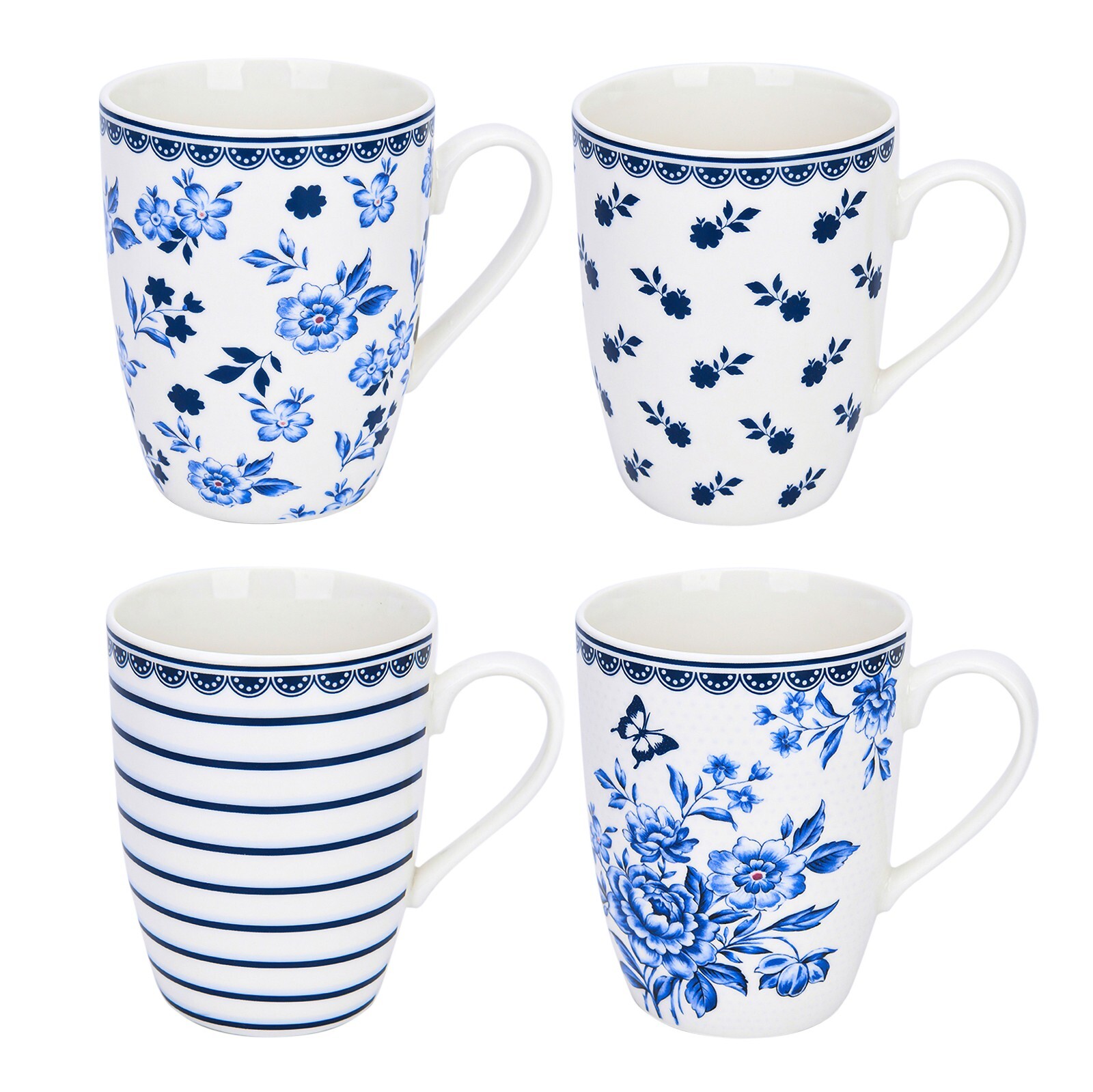 SET OF 4 Blue White Porcelain MUGS Floral Bone China Mismatched Coffee Mugs 12oz