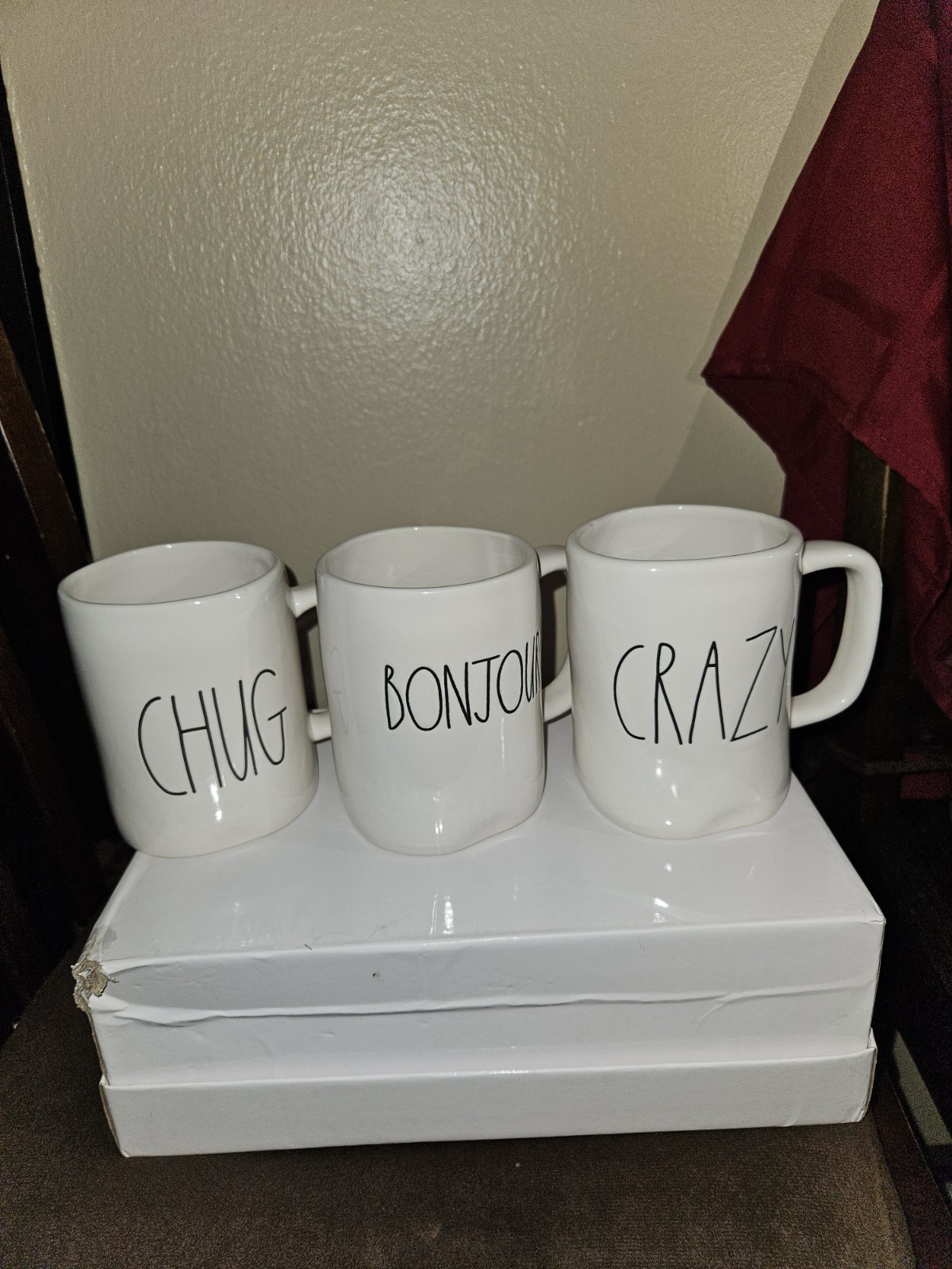 Rae Dunn Three-Piece White Ceramic Coffee Mug Set CHUG BONJOUR CRAZY