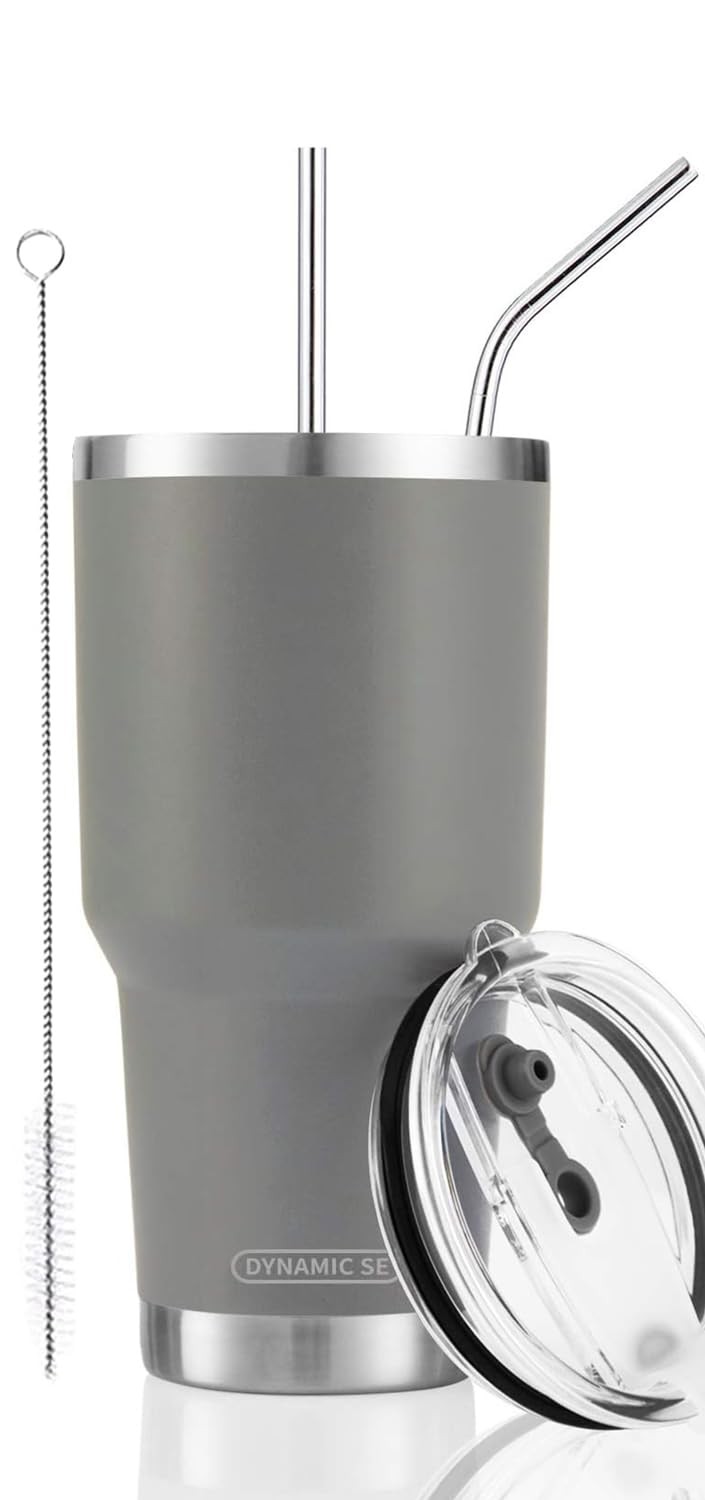 30oz Grey Tumbler Stainless Steel Insulated Travel Mug with Straw Lid Cleanin…