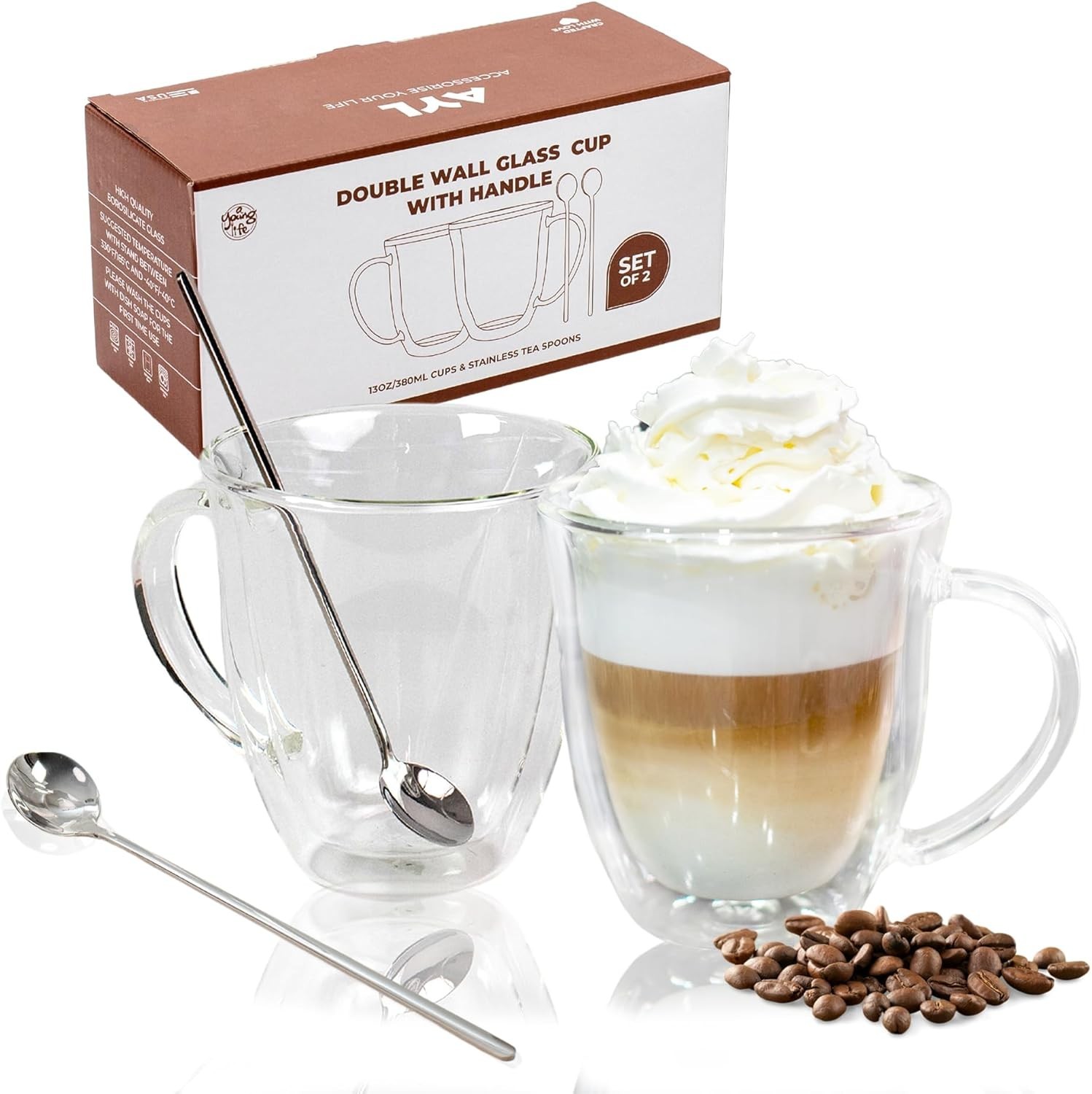 Double Walled Borosilicate Glass Coffee Mugs 12 Oz Set Of 2 With Handle & Spoons
