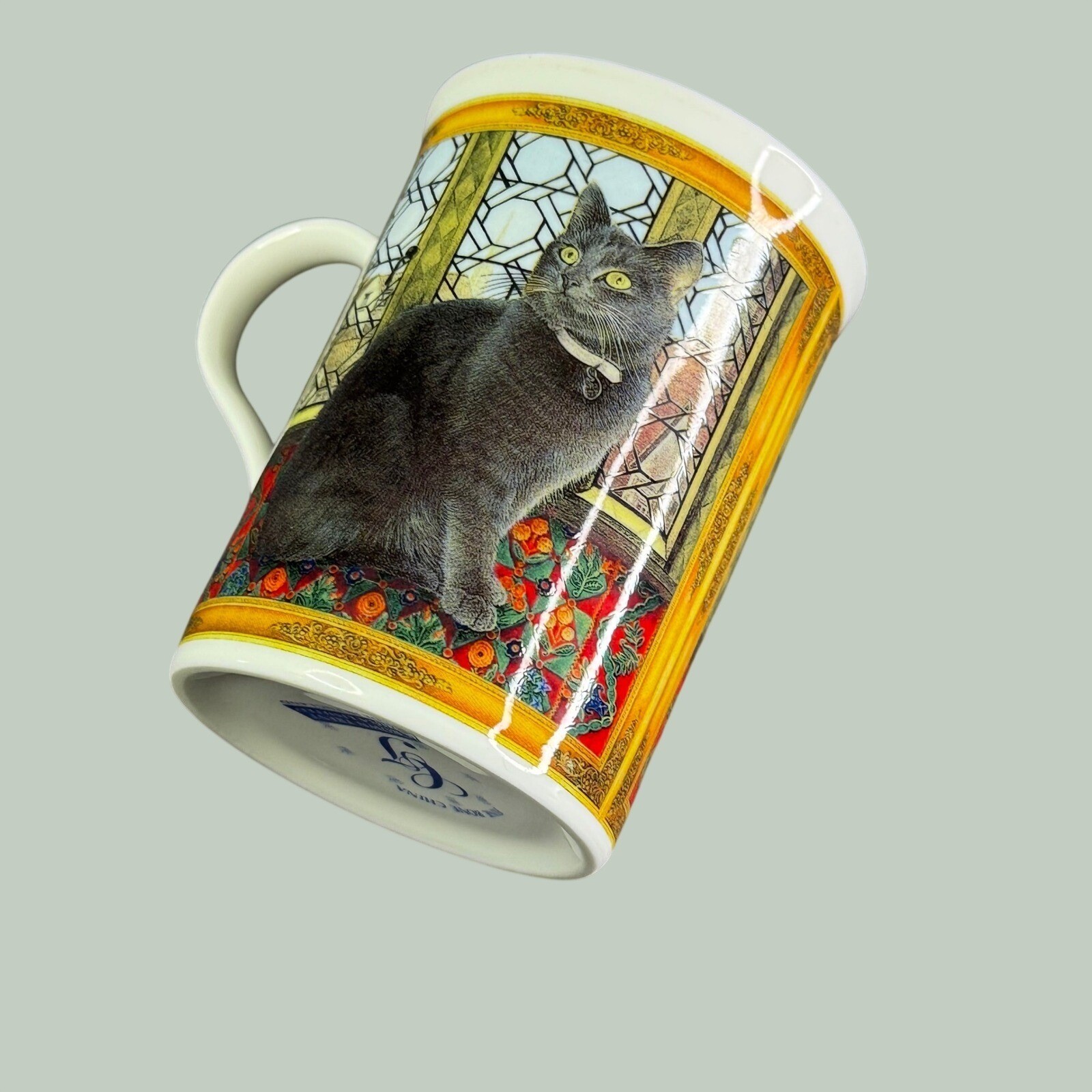Crown Trent Fine Bone China Grey Cat Stained Glass Window Mug Made in England
