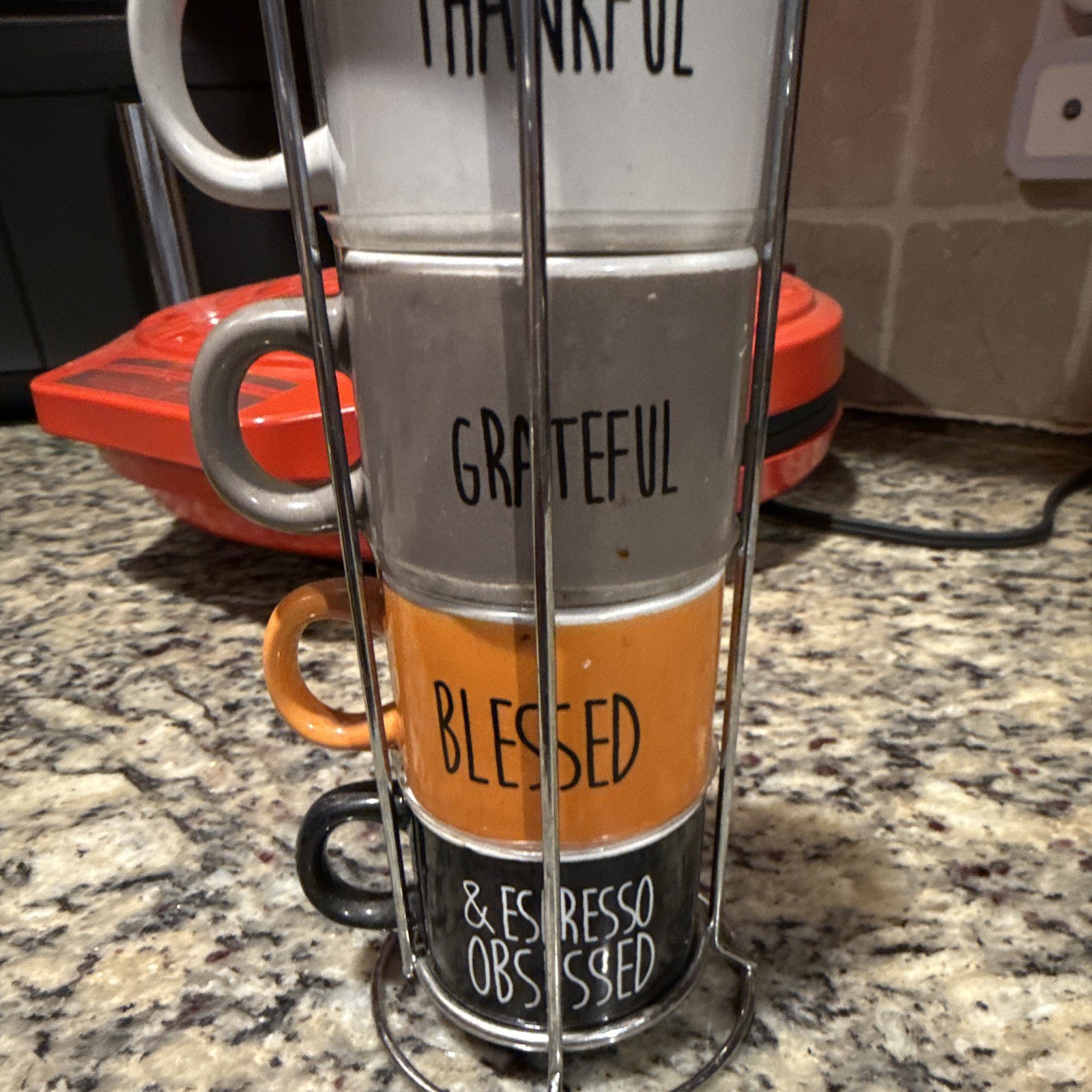 Stackable 4pc Ceramic Coffee Mug Set w/ Metal Stand 8 fl oz Thankful