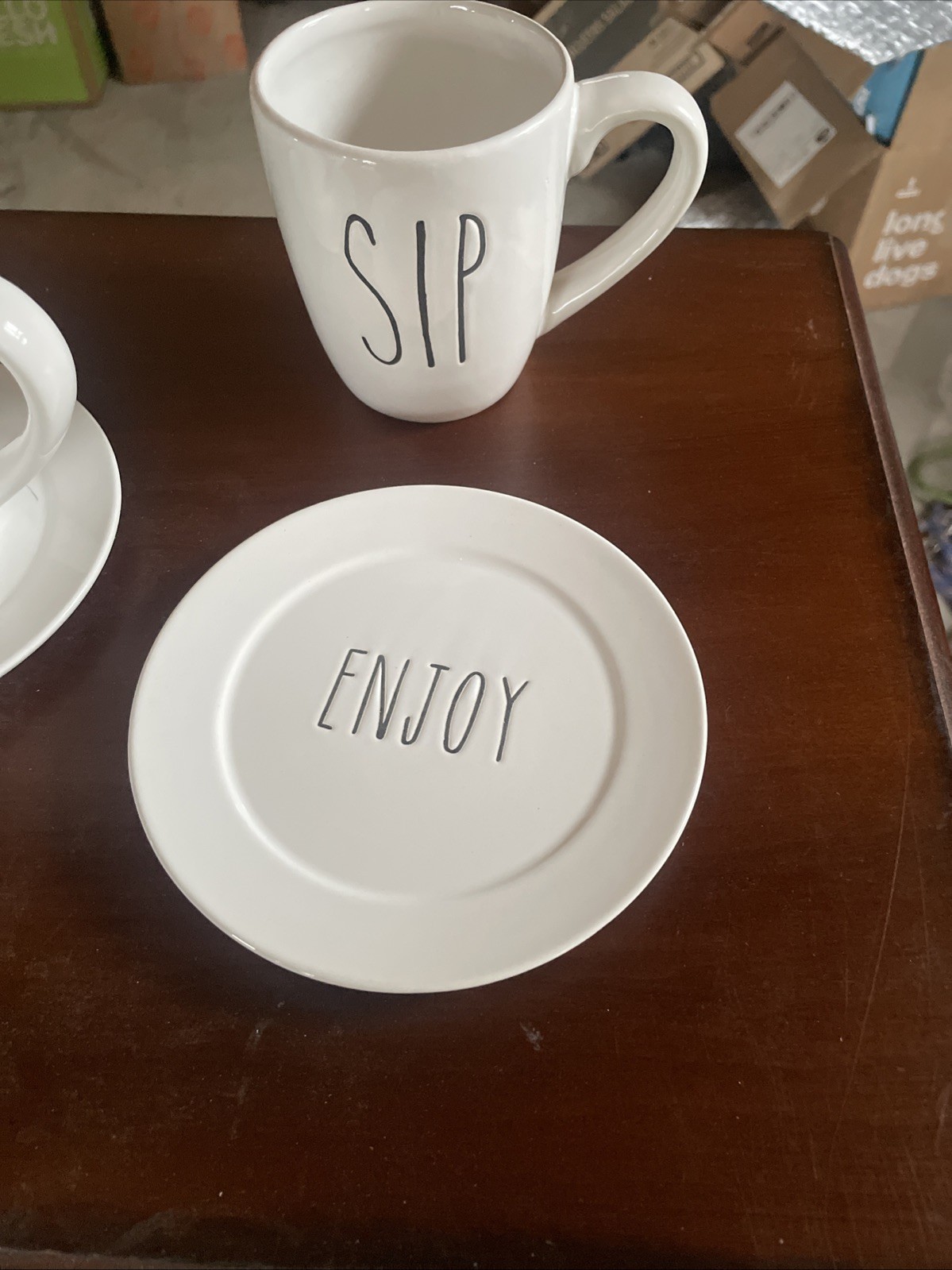 Kitchen Worthy Enjoy Plates/Sip Coffee Cups. Brand New Took Out Of Box For Photo