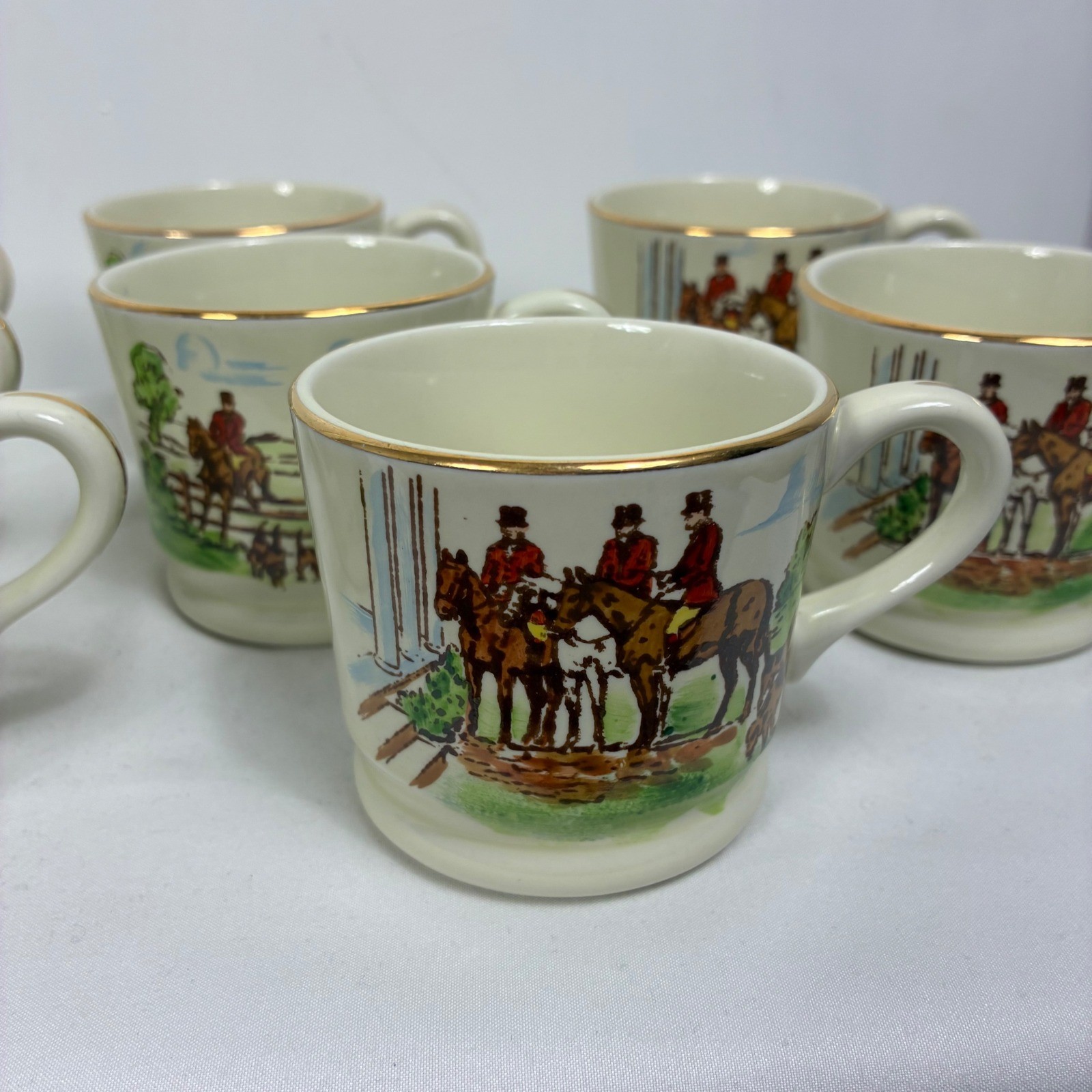 Heirloom China Hand Painted Fox Hunt Equestrian Coffee Mugs Gold Trim Set of 11